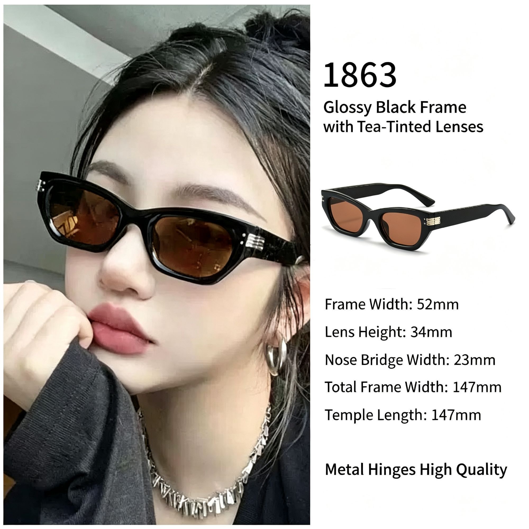 Polished Glossy Black Frame Brown Lens Cat Eye Sunglasses UV400