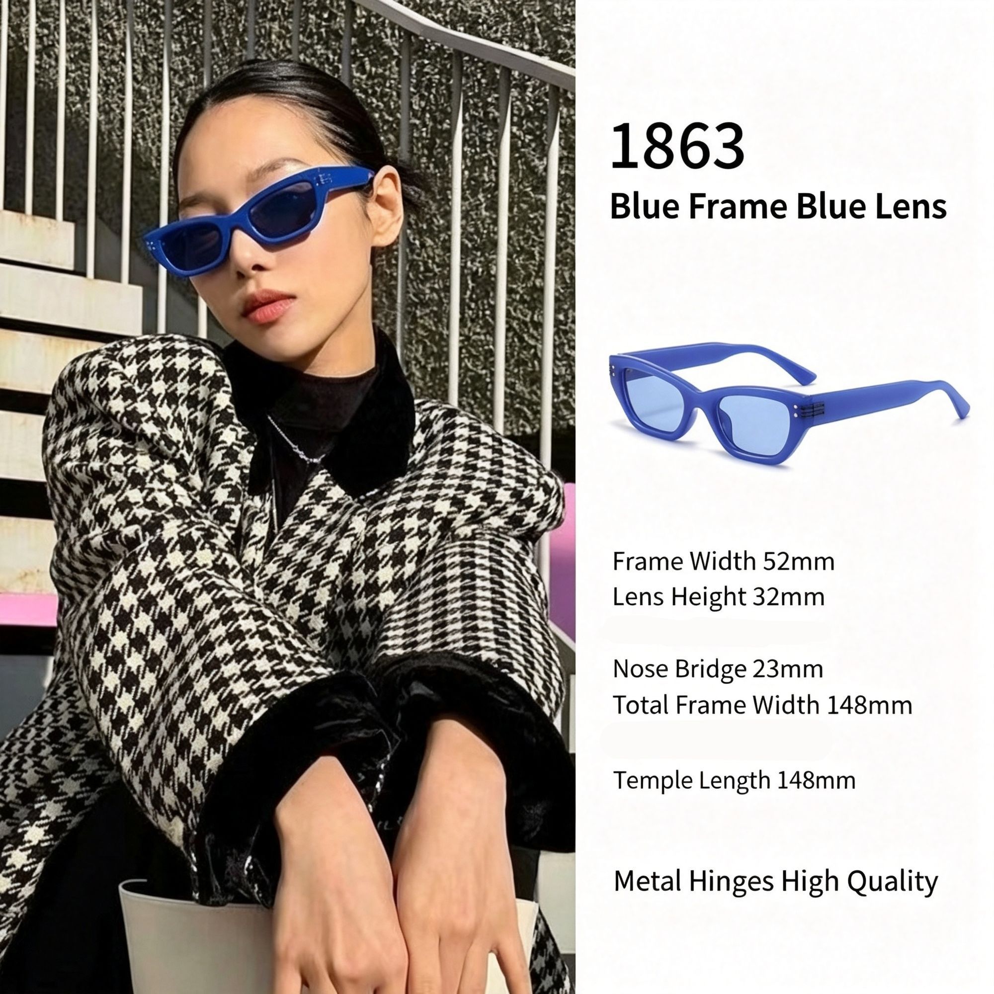 Cool Monochrome Blue Frame Blue Lens Cat Eye Sunglasses UV400 Blocking