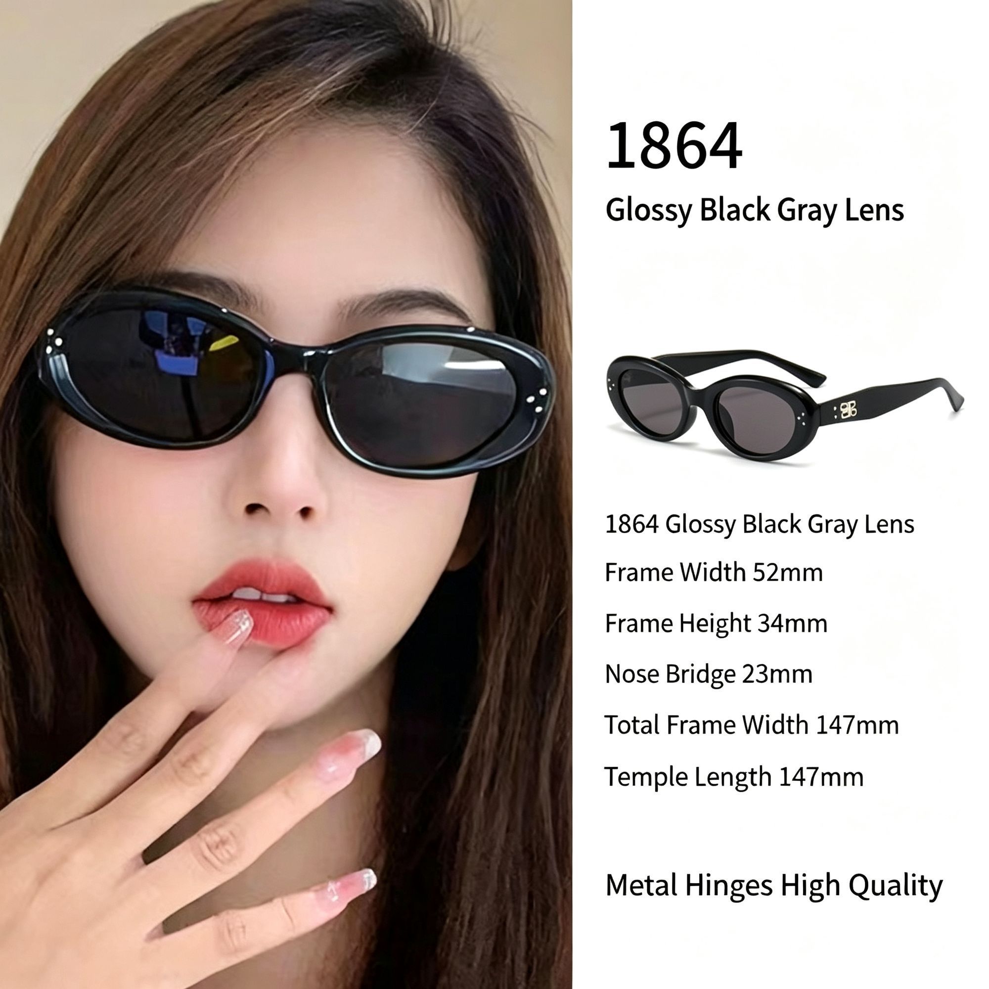 Glossy Jet Black Frame Grey Lens Cat Eye Sunglasses UV400 Blocking