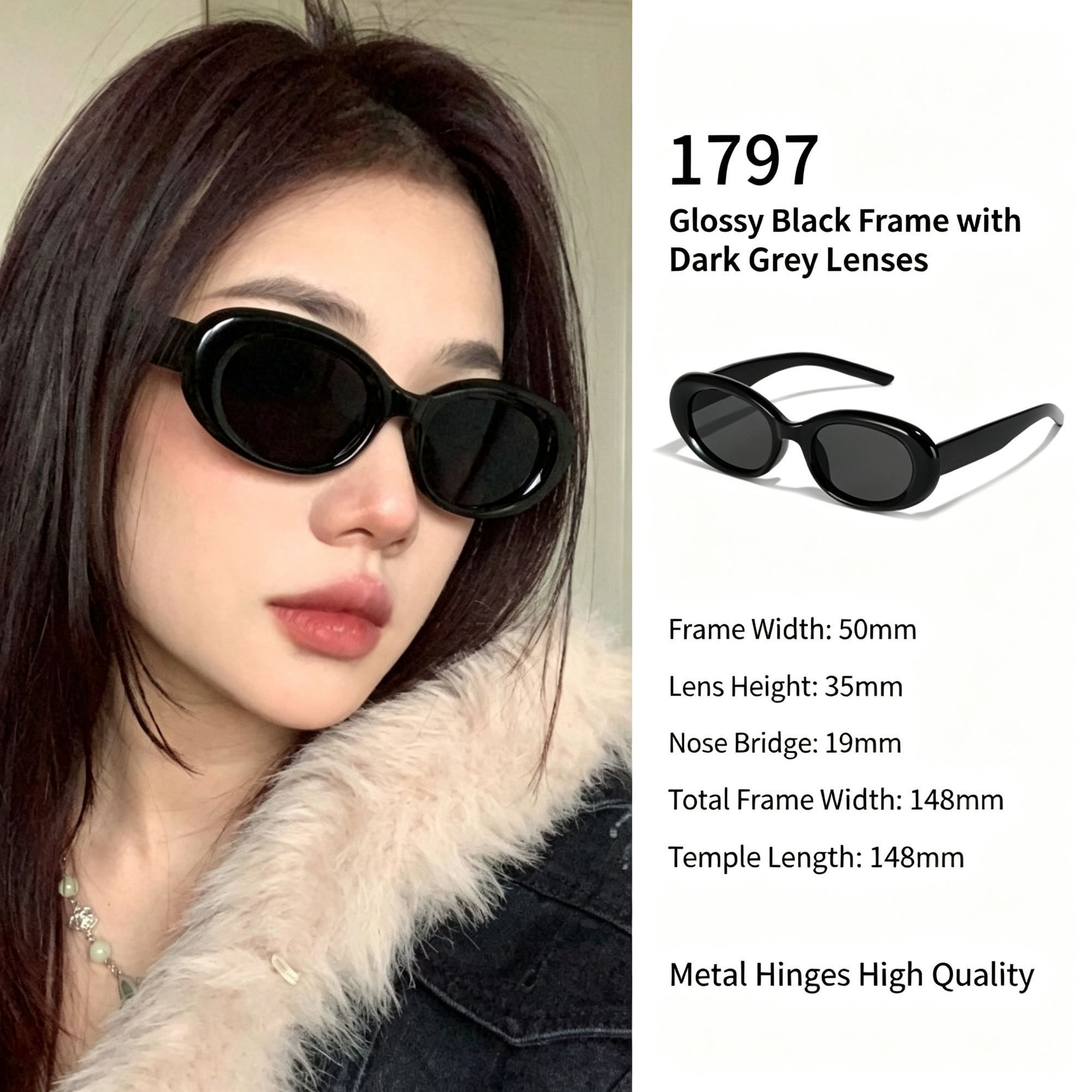 Glossy Black Frame Grey Lens Cat Eye Sunglasses UV400 Blocking