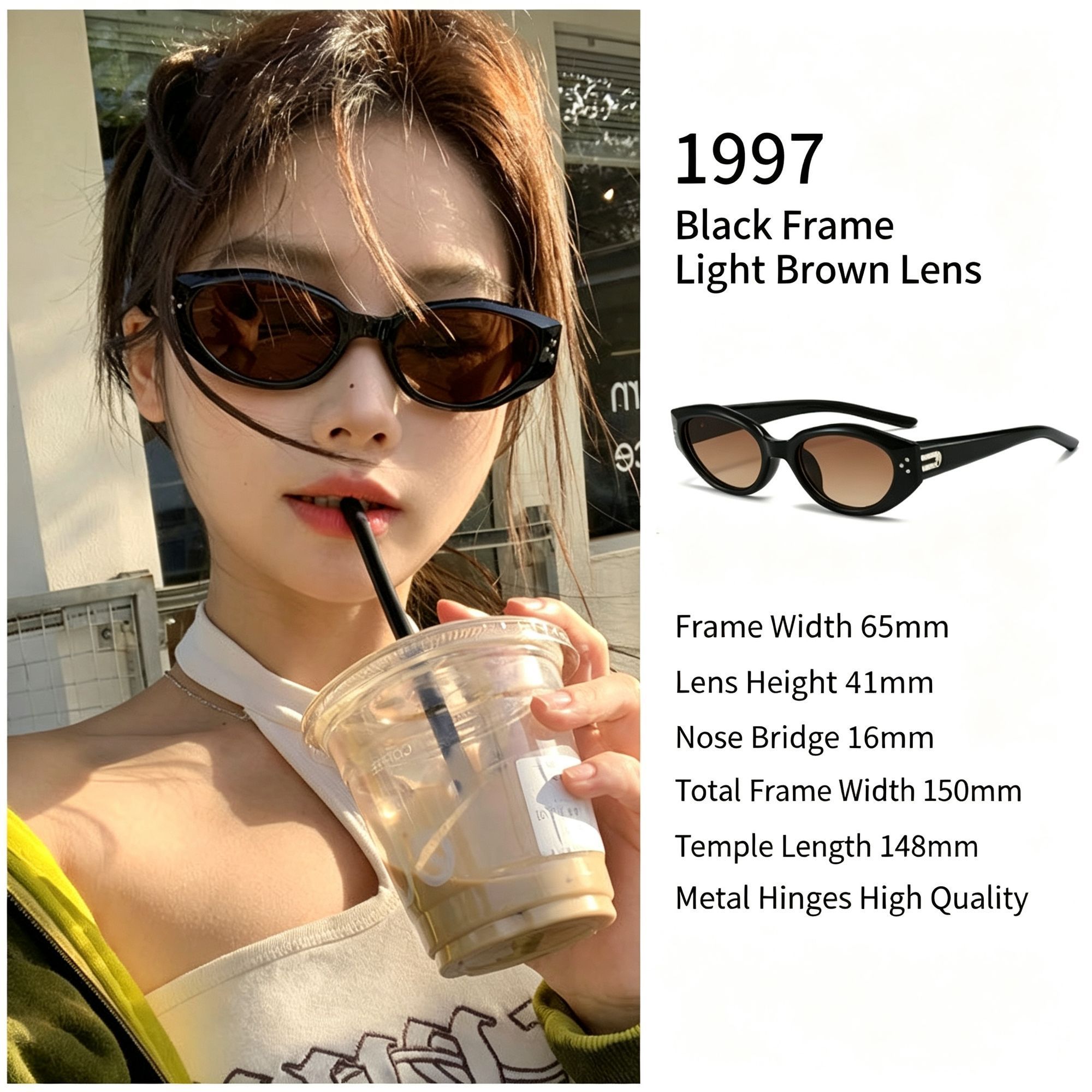 Retro Black Frame Light Brown Lens Cat Eye Sunglasses UV400 Blocking