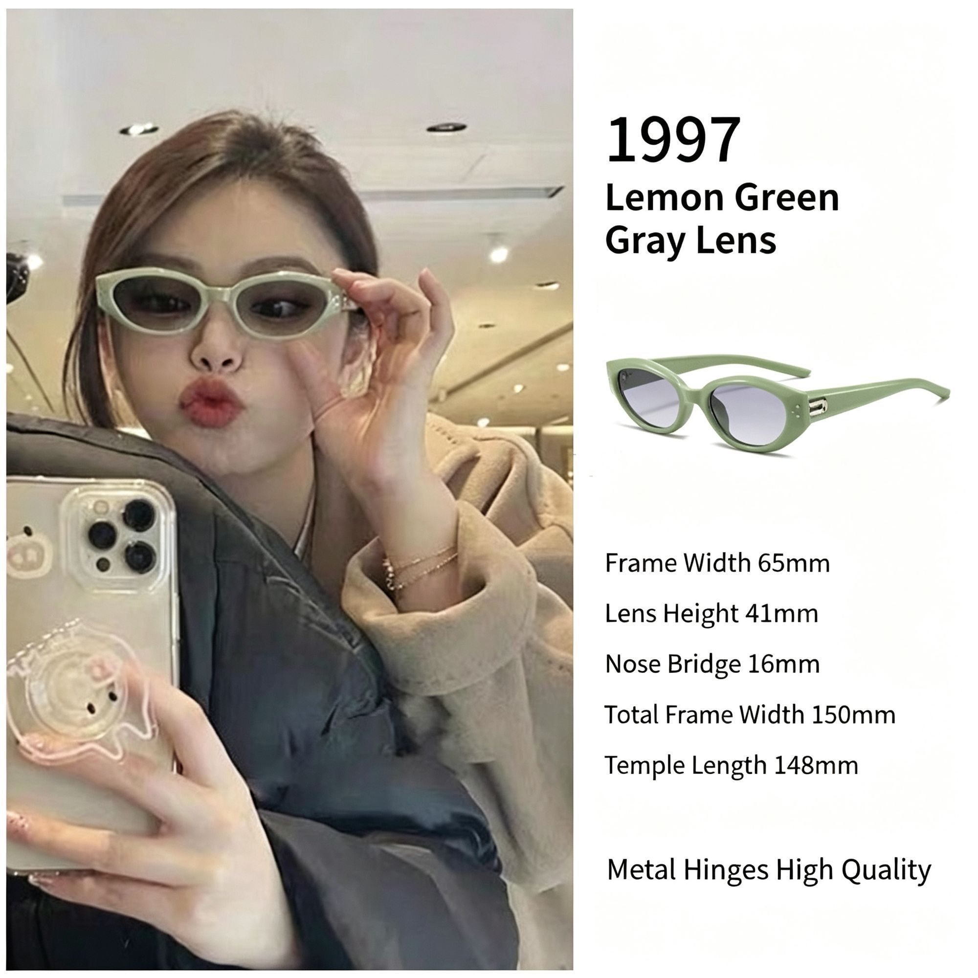 Fresh Lemon Green Grey Lens Cat Eye Sunglasses UV400 Protection