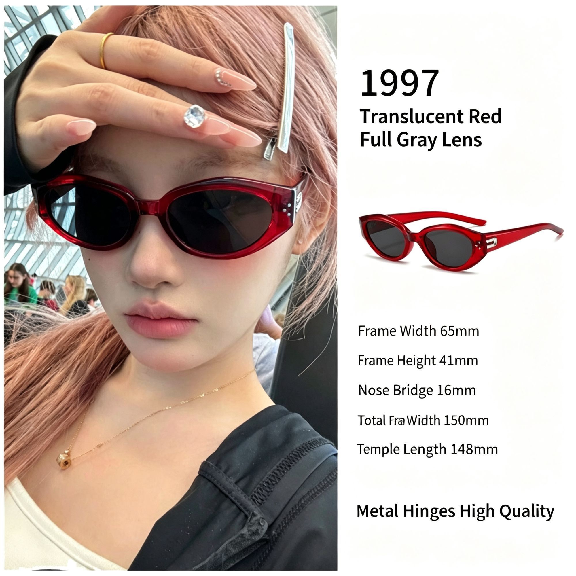 Unique Sheer Red Full Grey Lens Cat Eye Sunglasses UV400