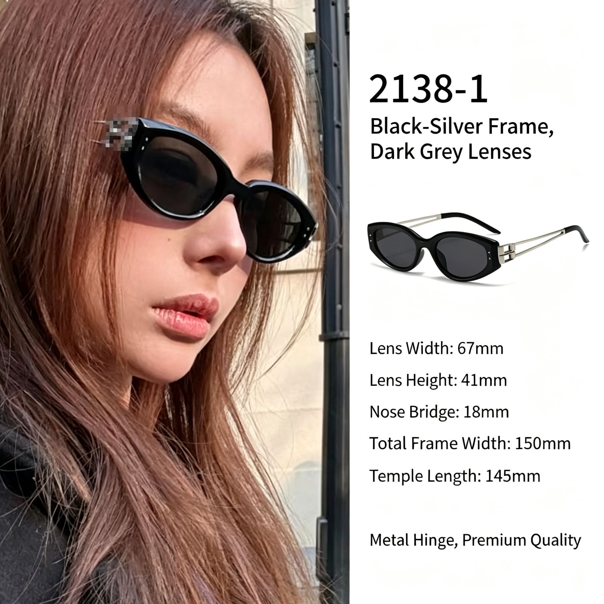 Sleek Black Silver Grey Lens Cat Eye Sunglasses UV400 Blocking