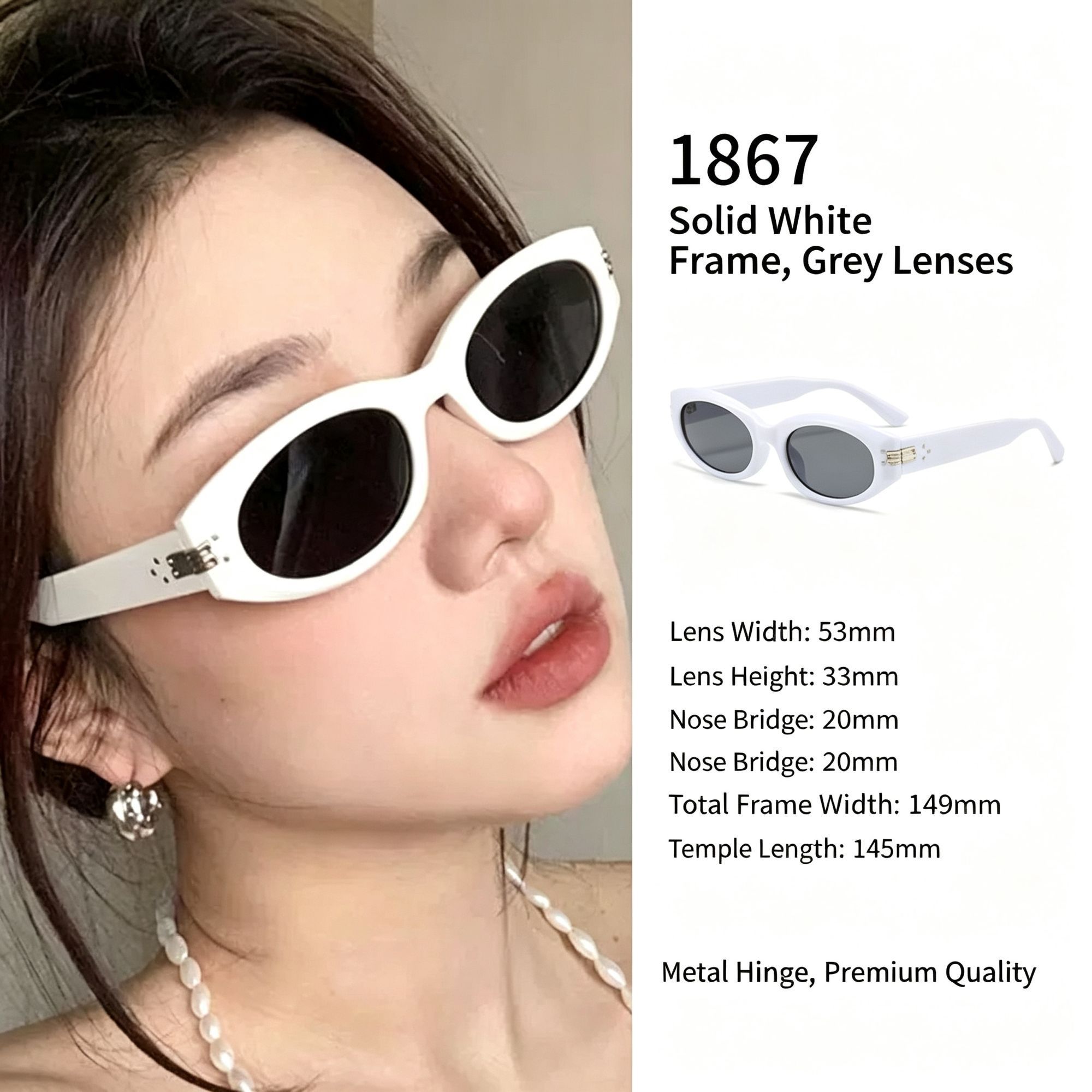Bright Solid White Frame Grey Lens Cat Eye Sunglasses UV400 Blocking