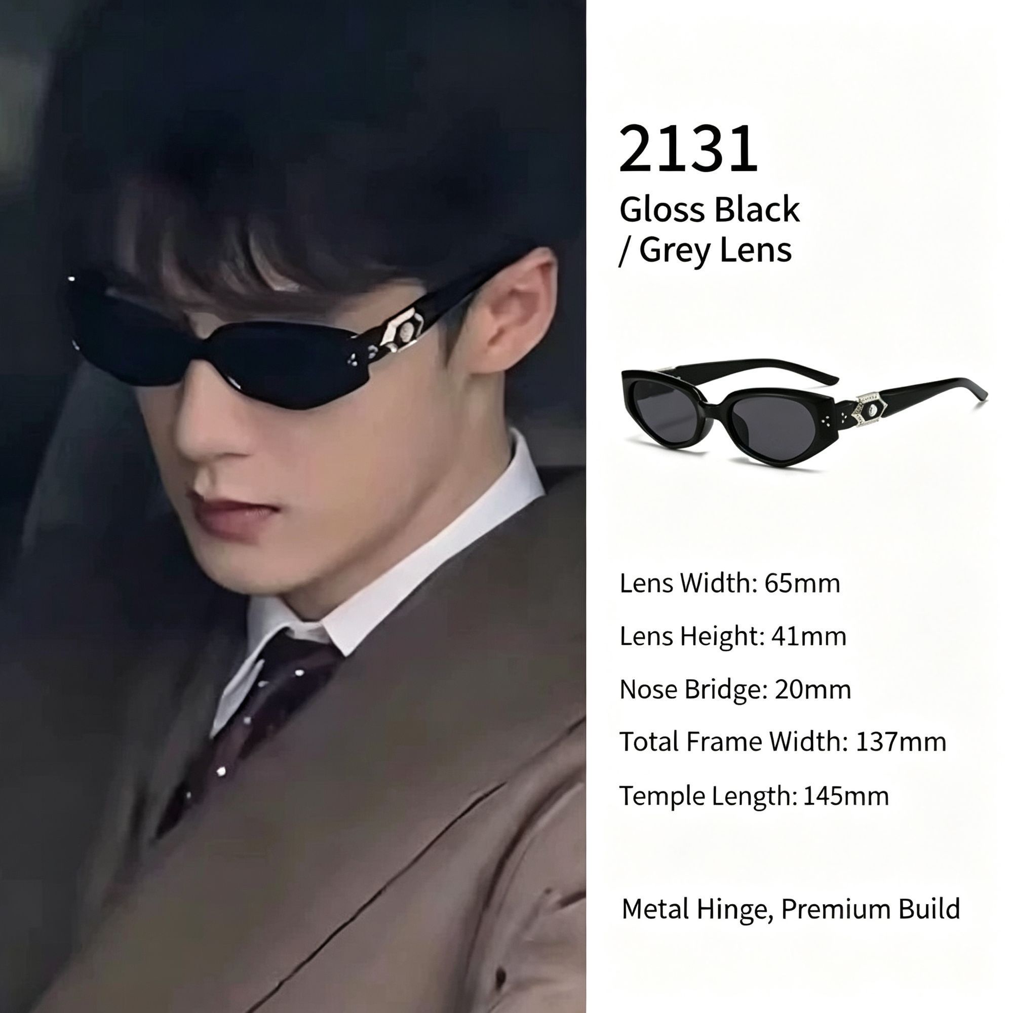 Glossy Jet Black Full Grey Lens Cat Eye Sunglasses UV400 Protection