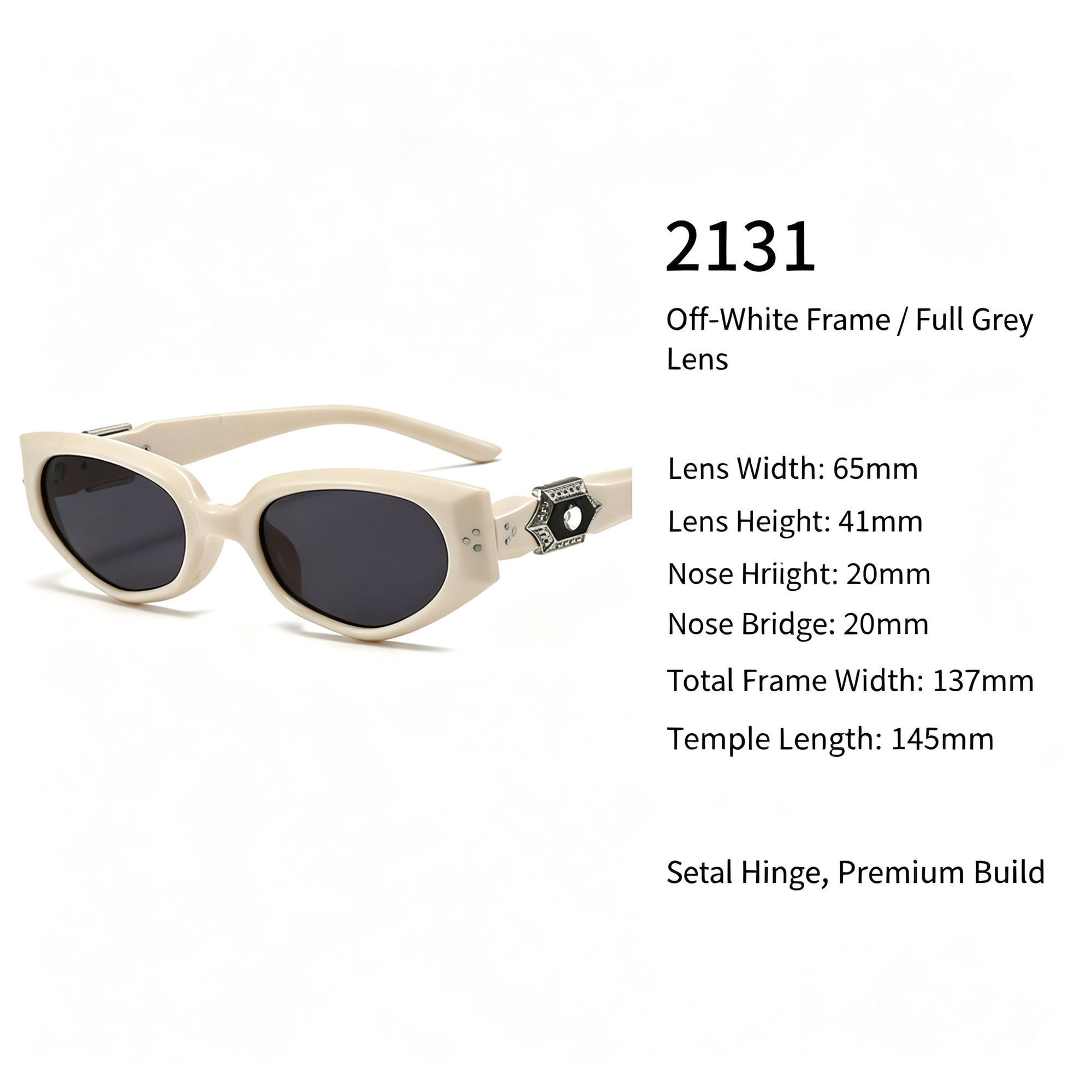 Creamy Off-White Full Grey Lens Cat Eye Sunglasses UV400 Blocking