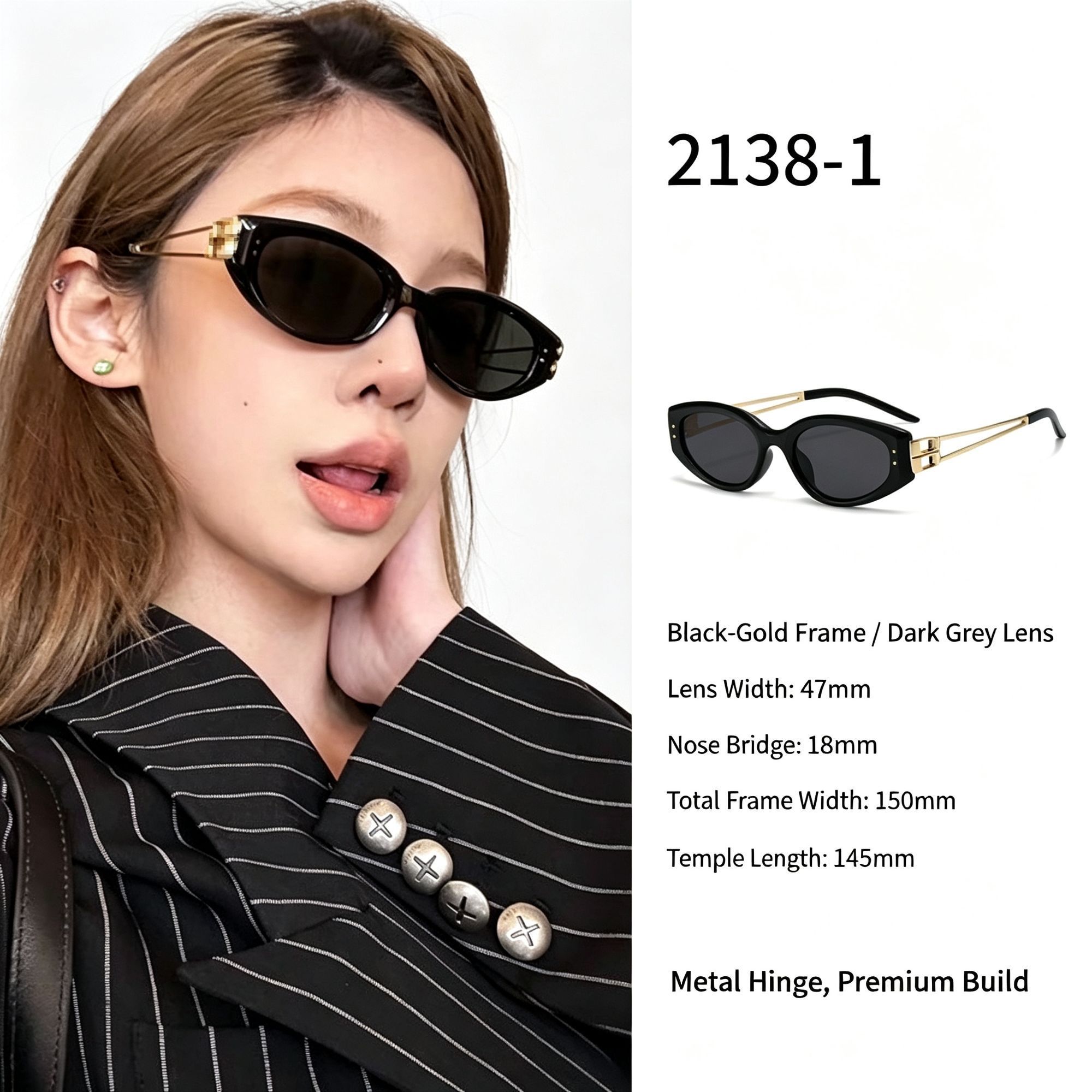 Black Gold Frame Grey Lens Cat Eye Sunglasses UV400 Protection
