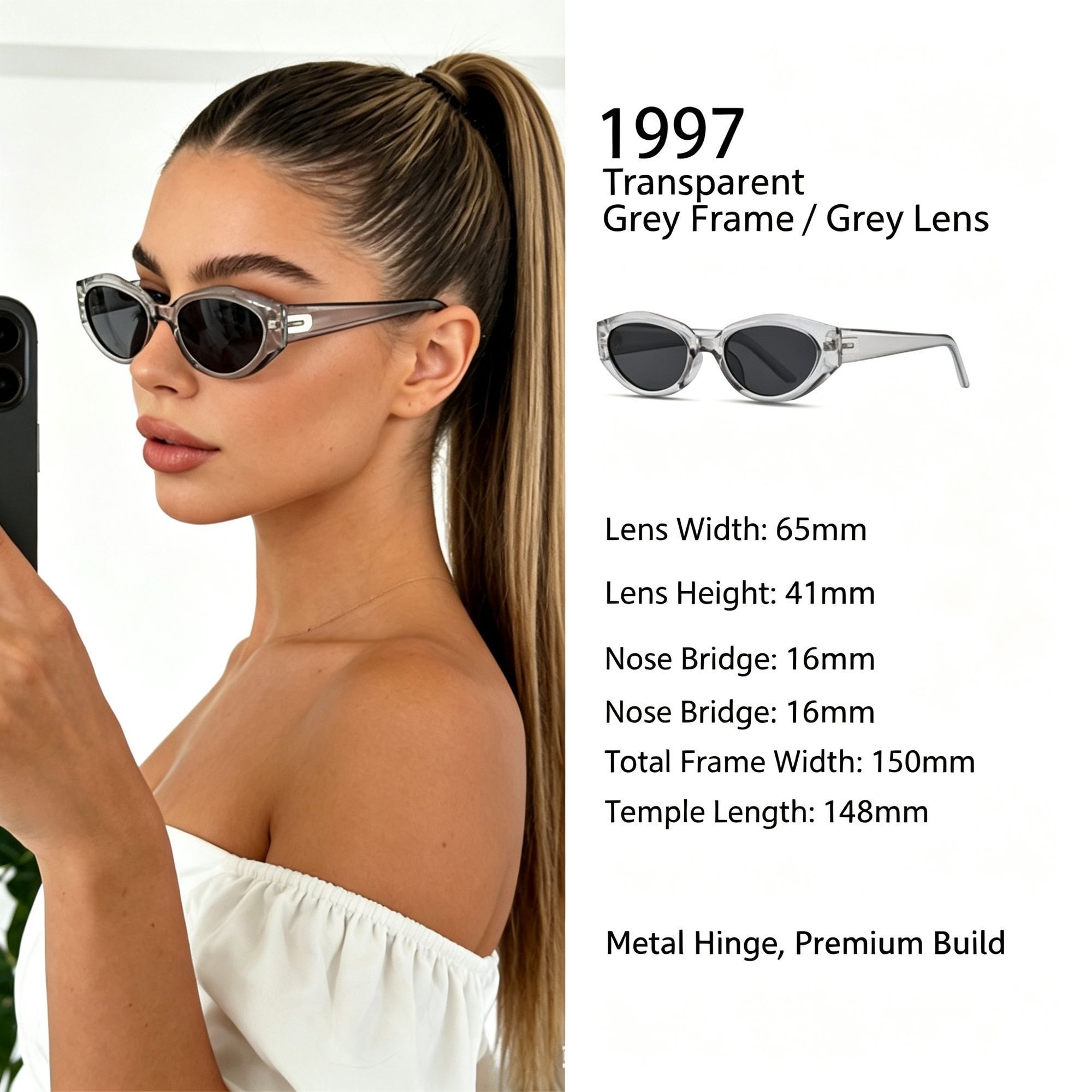 Sheer Grey Frame Grey Lens Cat Eye Sunglasses UV400 Blocking