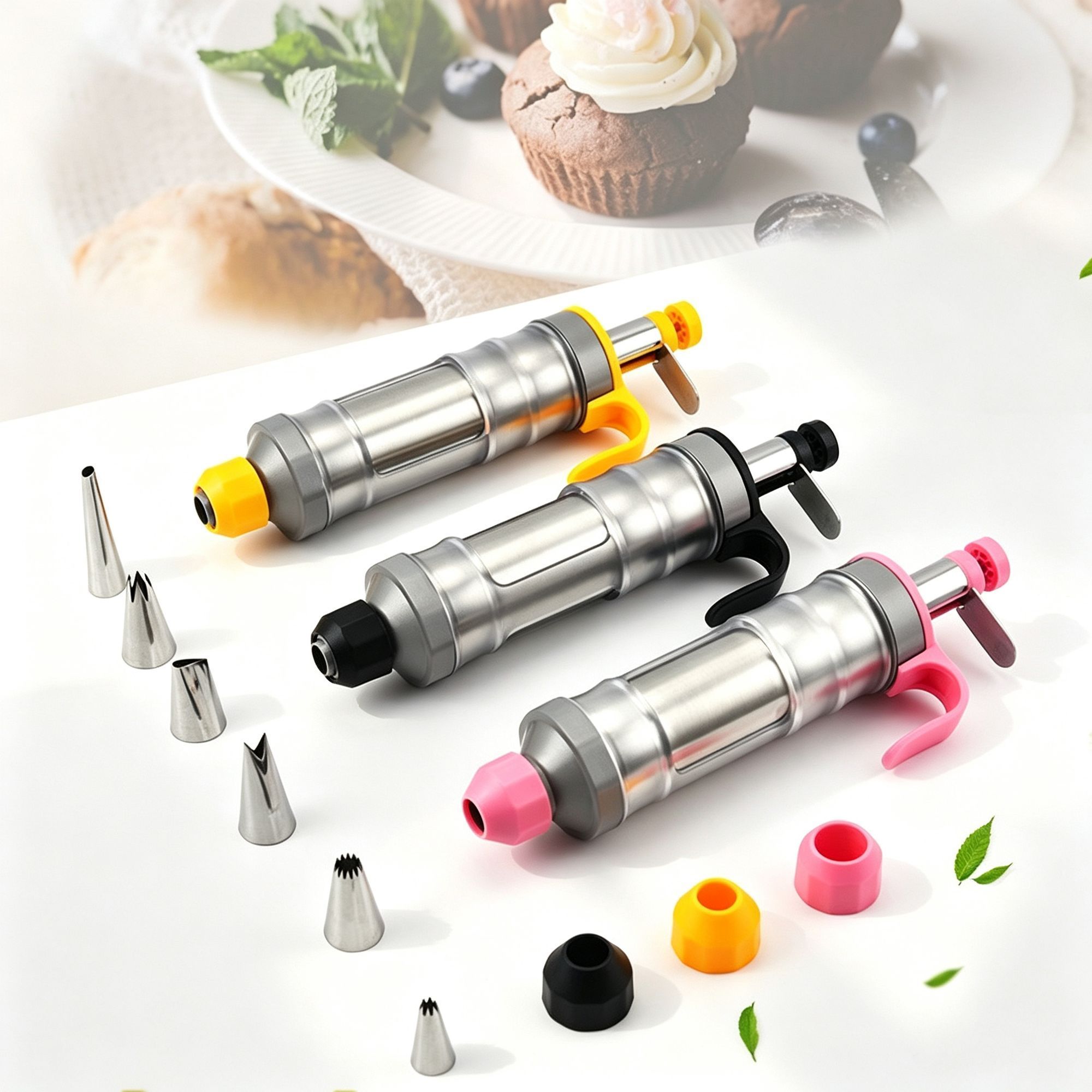 Bright Yellow Manual Cookie Press Kit with 6 Stainless Steel Piping Tips view 10