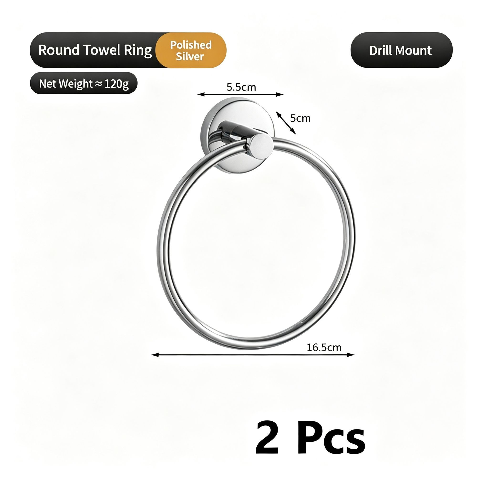 Round Towel Ring - Drill Mount (Polished) 2 Pcs — image 1