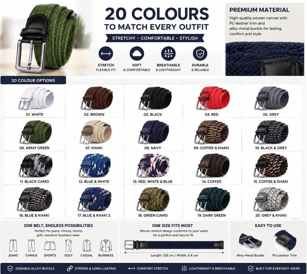 Blue White Red Tri-color Woven Golf Belt 125cm Elastic Stretch Canvas Strap view 3