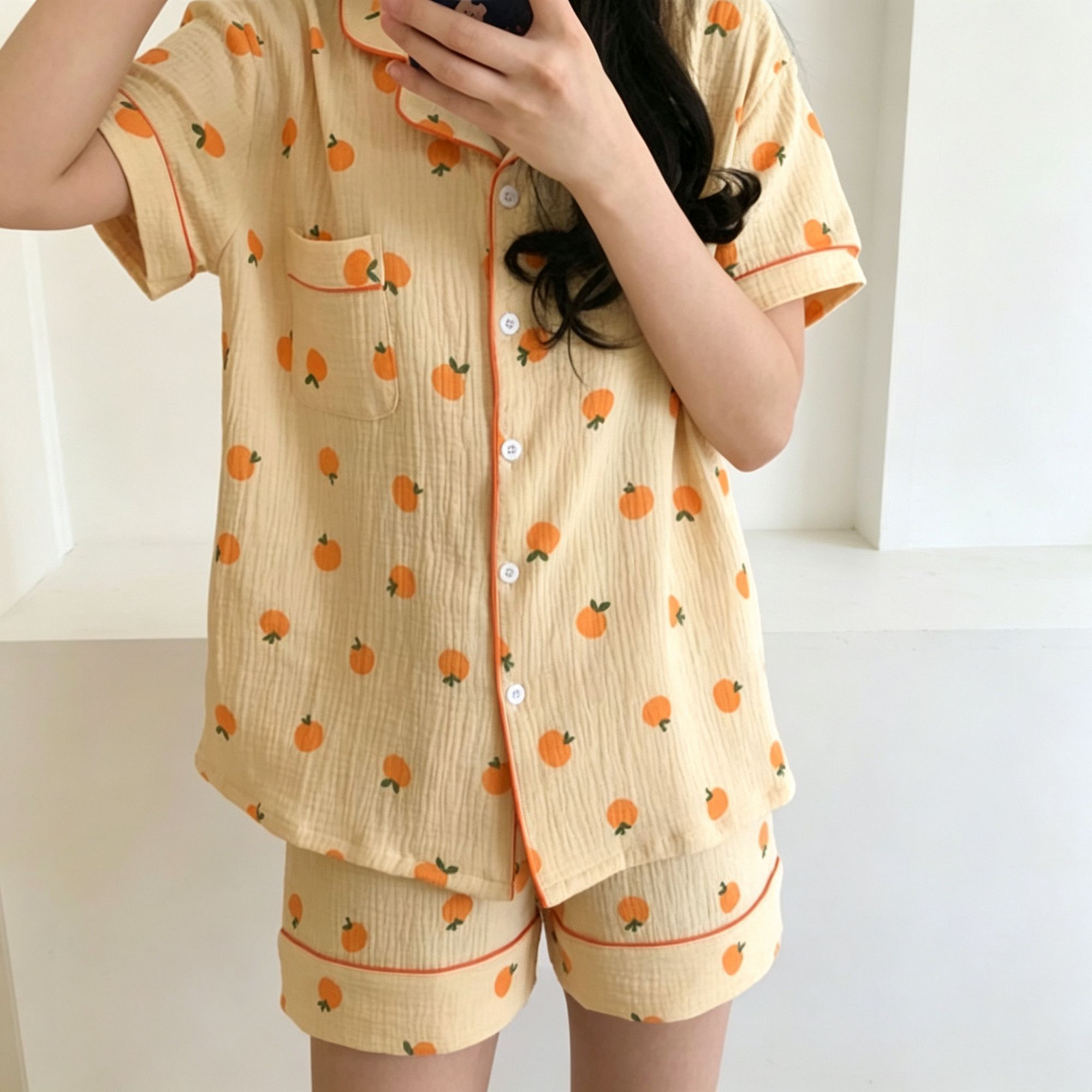 Orange Fruit Size L | Bubble Crinkle Short-Sleeve Shorts Pajama Set | — image 1