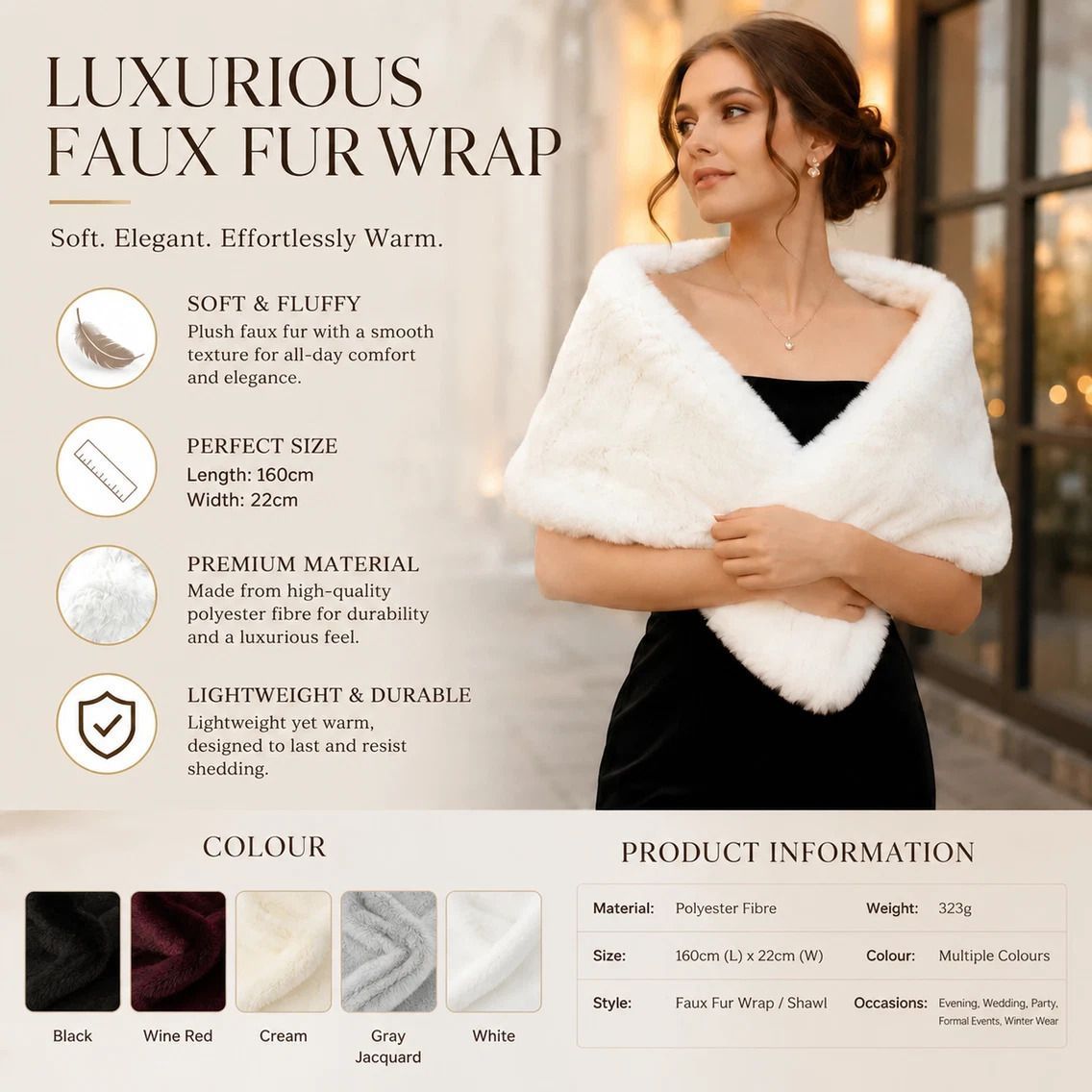 White Ladies Fluffy Faux Fur Wrap Elegant Party Shoulder Cape view 2