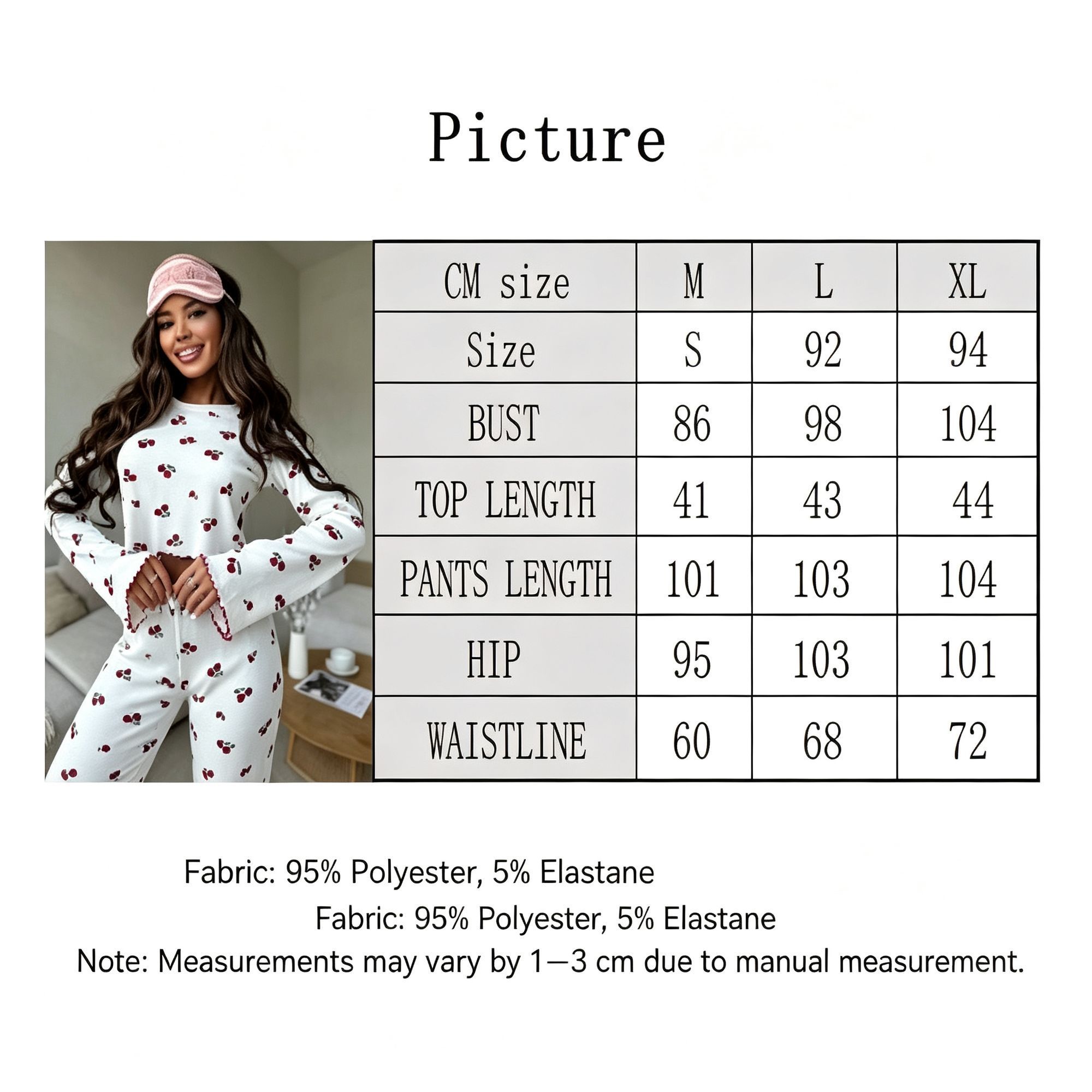 Pink Cherry Size L | Women's Bell Sleeve Cherry Pajama Set | Christmas Sweet view 2