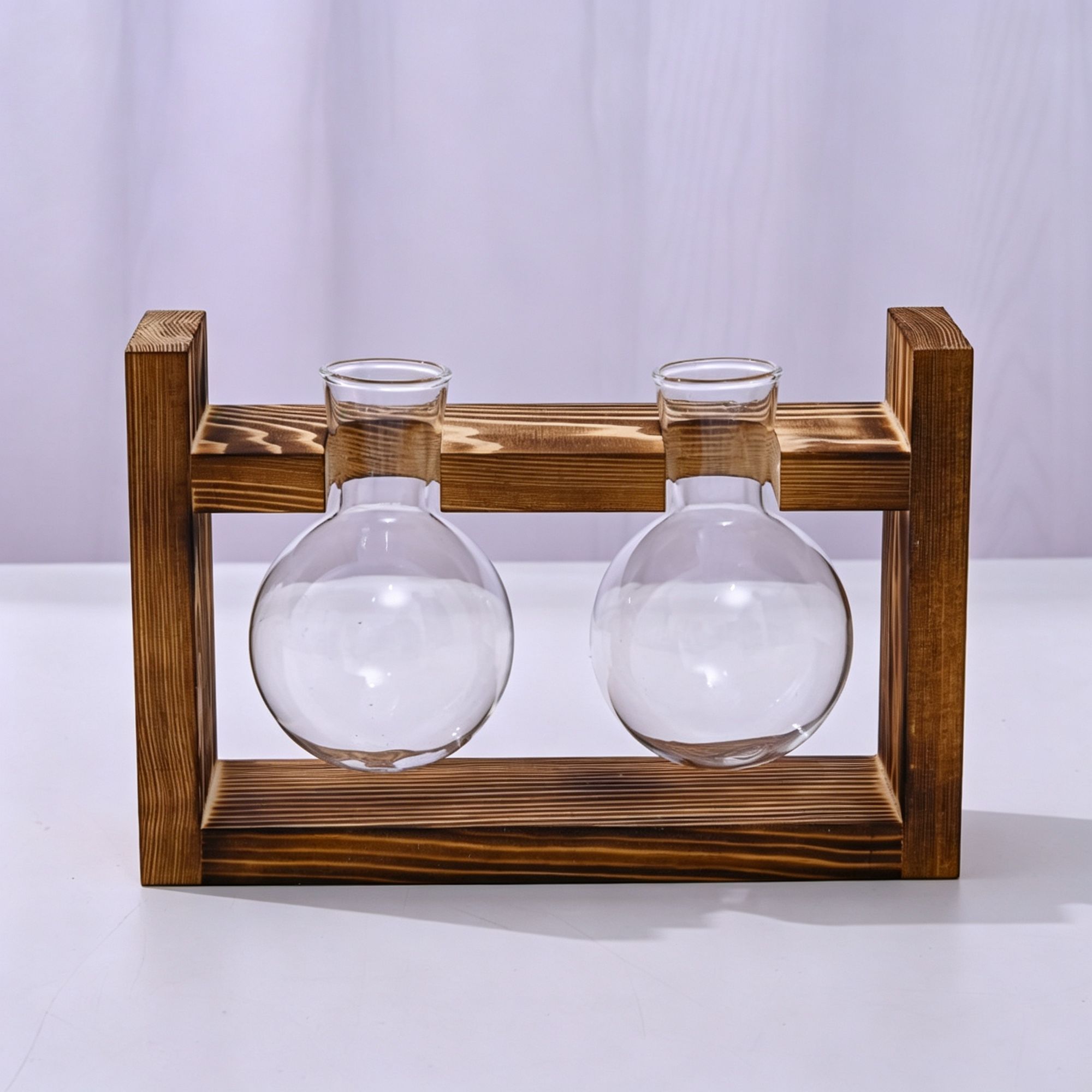 Double Round Glass Vases with Snap-Fit Wooden Stand — image 1