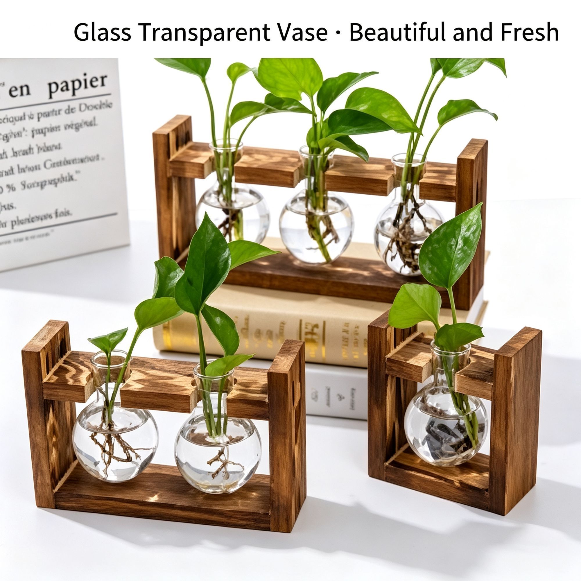 Double Round Glass Vases with Snap-Fit Wooden Stand view 7
