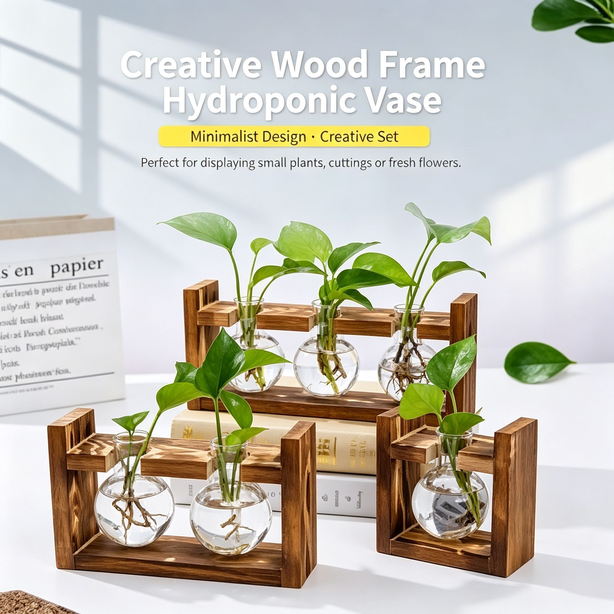 Double Diamond Faceted Glass Vases with Snap-Fit Wooden Stand view 2