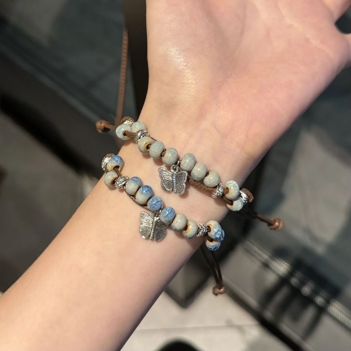 Cloud‑Dream Butterfly Ceramic Beaded Woven Bracelet 2Pcs Set view 3