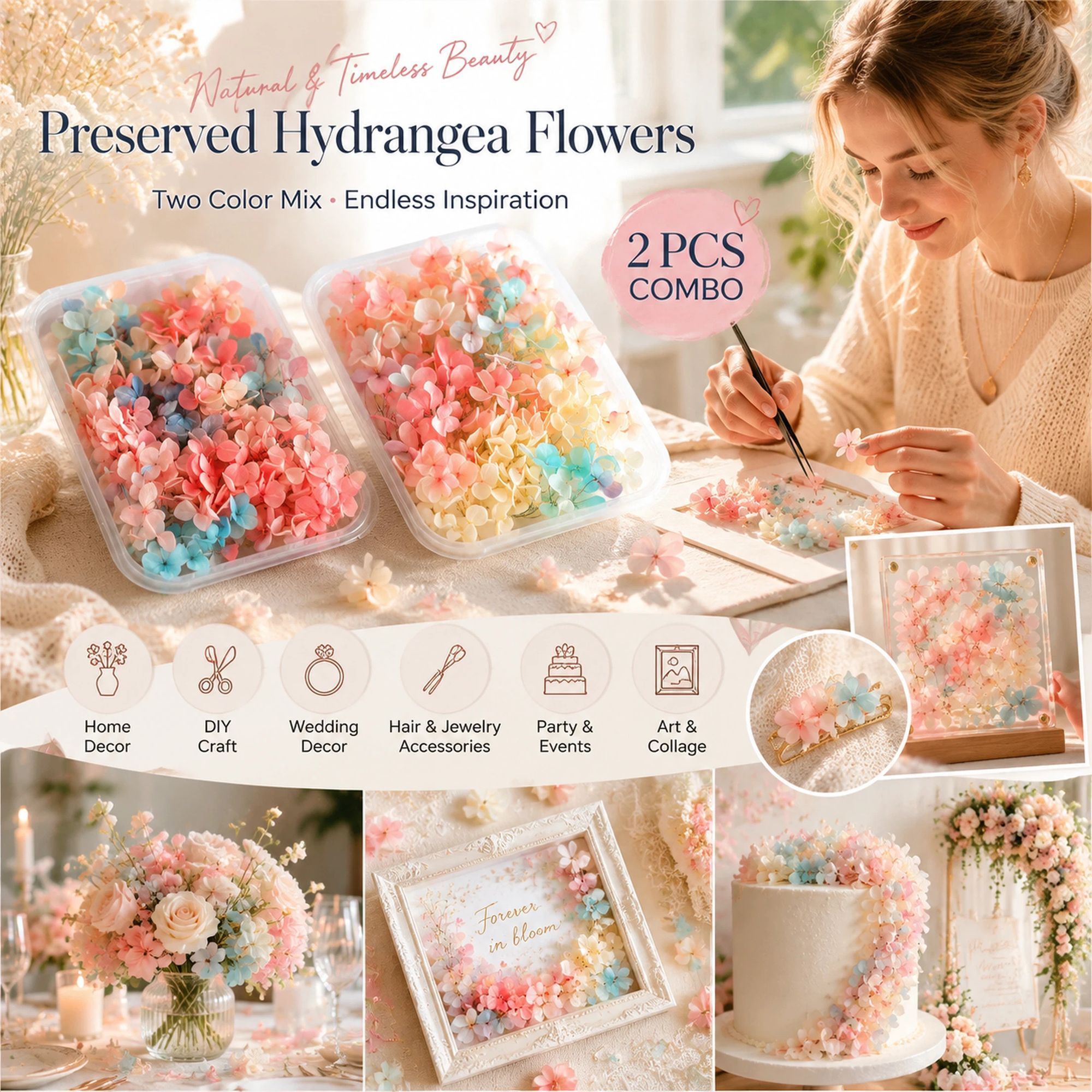 Dreamy Tone & Modern Mixed Shade Preserved Hydrangea Event Decor Flower 2 Boxes — image 1
