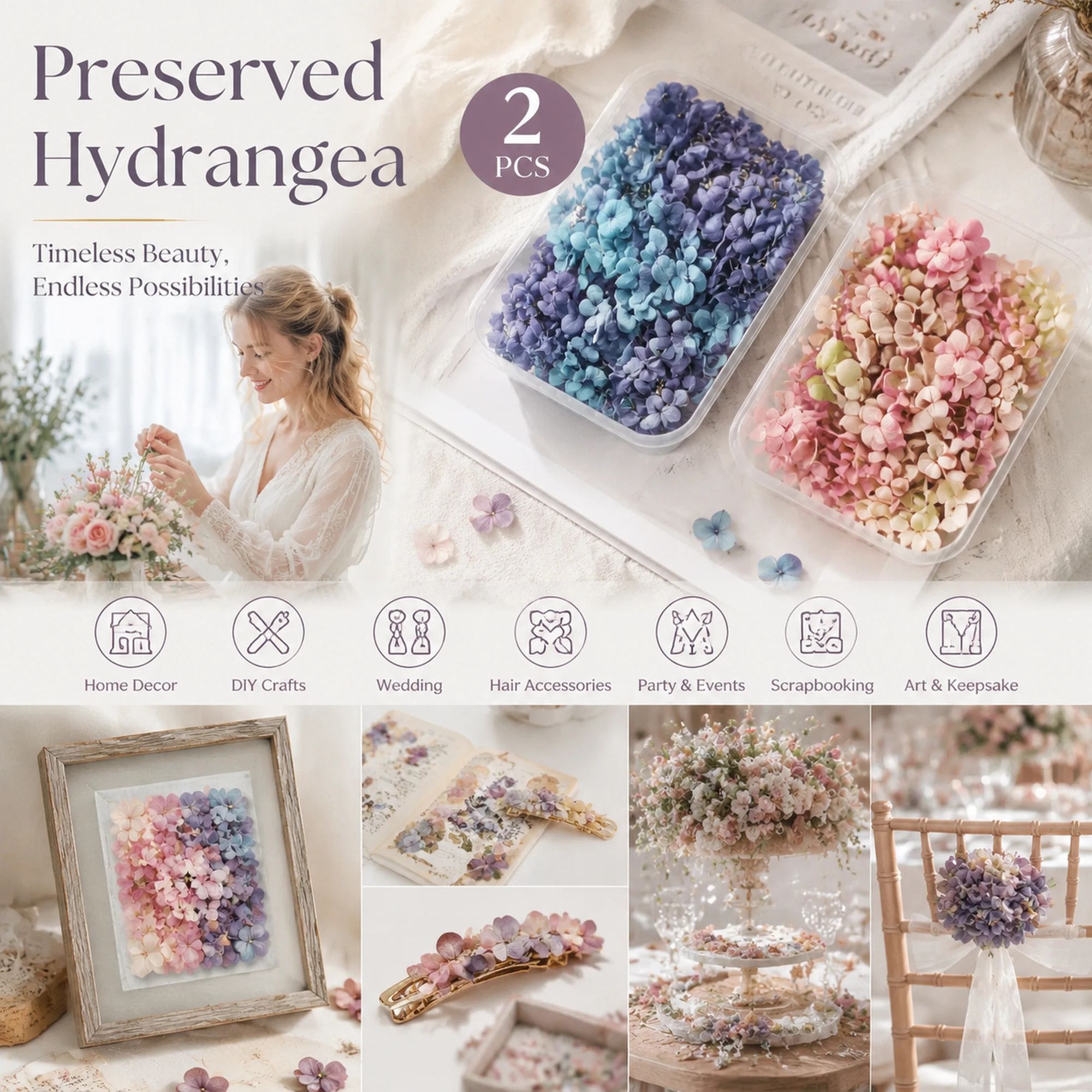 Blue Purple Shade & Taro Purple Gradient Preserved Hydrangea DIY Craft Flower — image 1