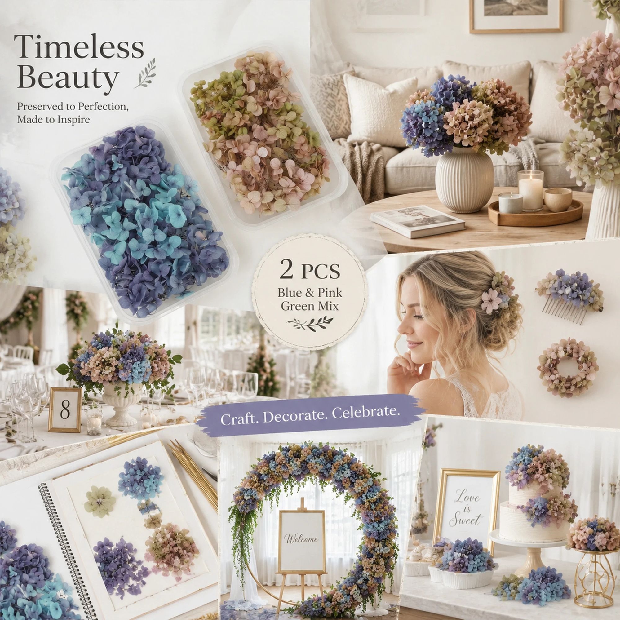 Blue Purple Shade & Agate Blue Preserved Hydrangea Handcraft Floral Supply Set — image 1