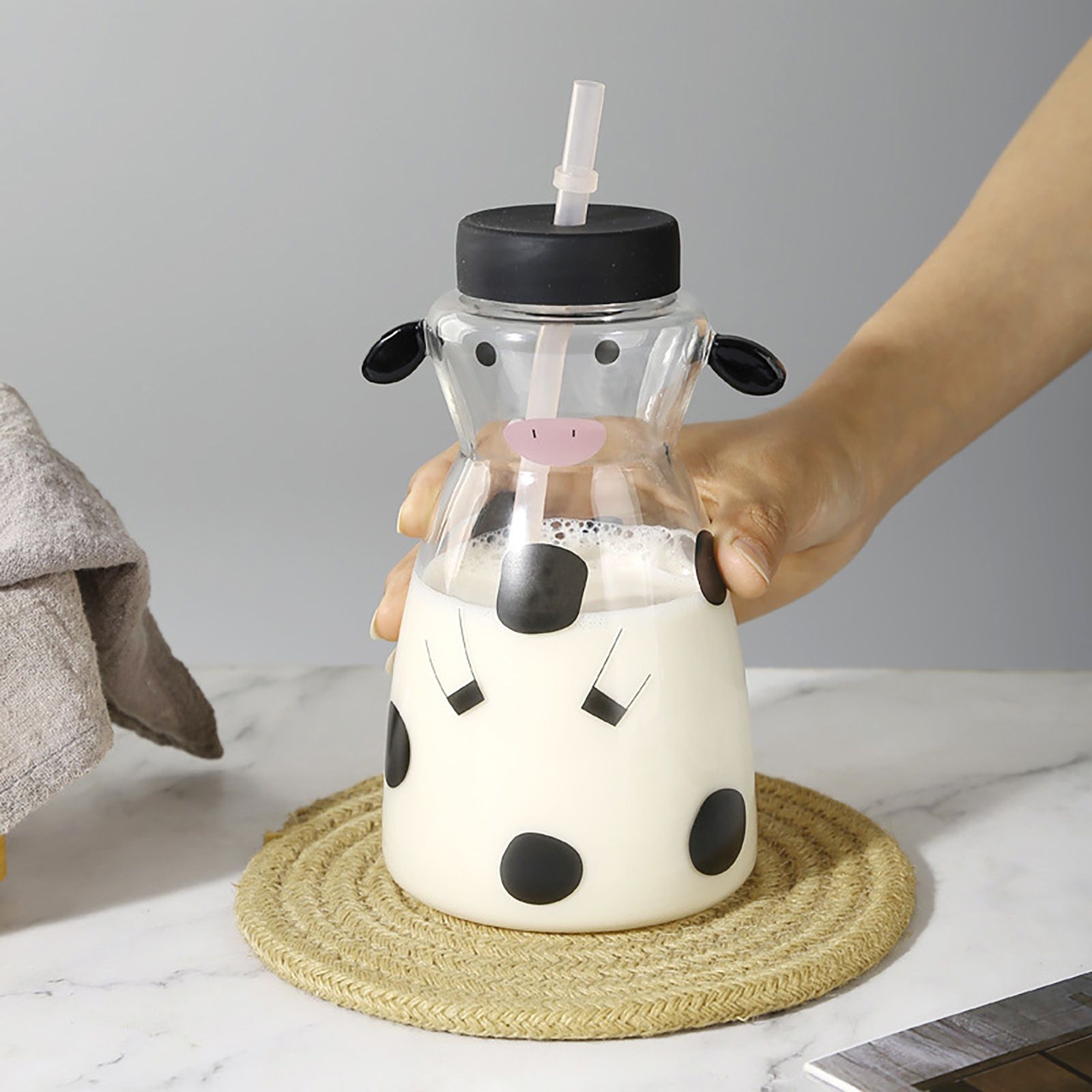 600MLCreative Glass Straw Cup Cow Shape Glass Cup with Straw view 4