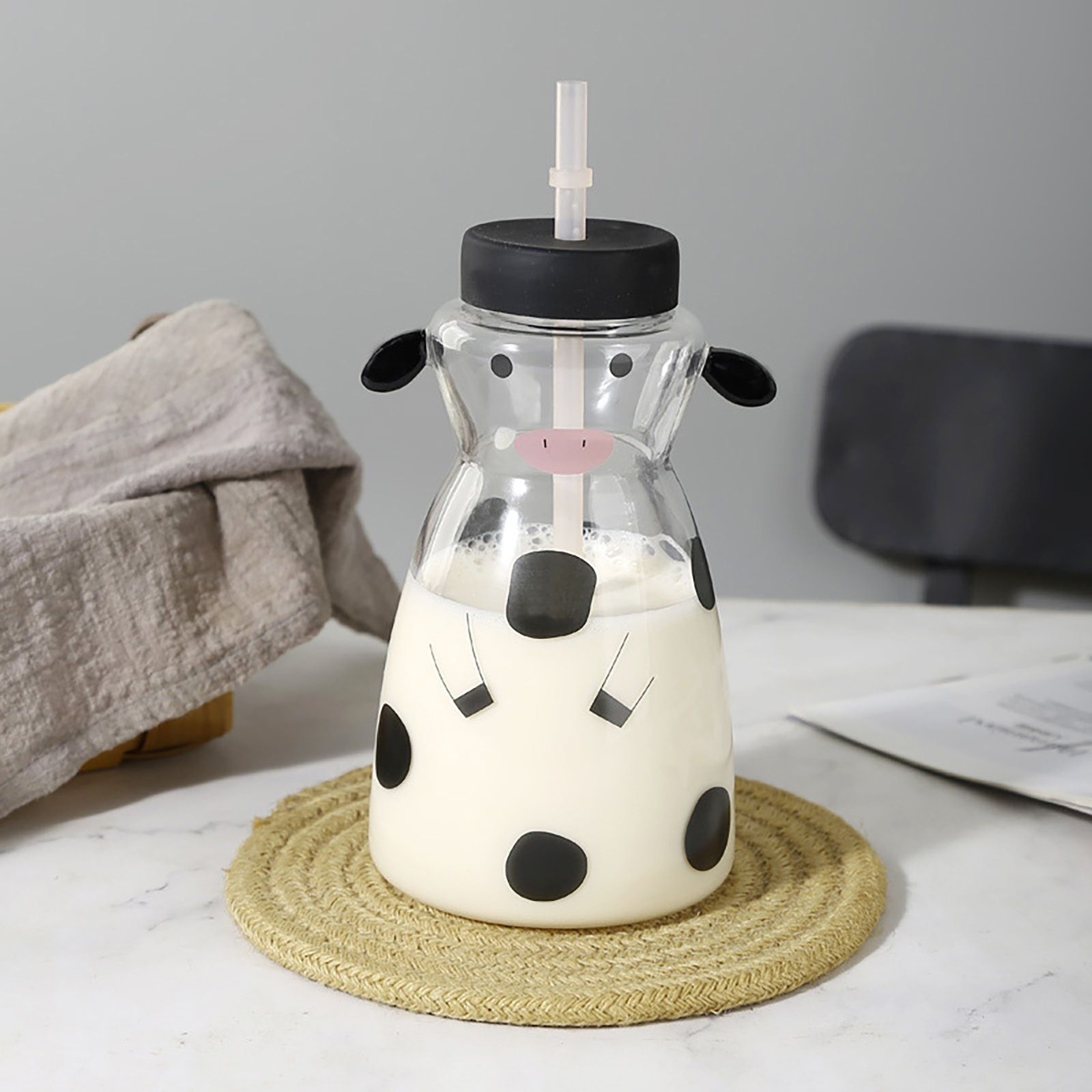 600MLCreative Glass Straw Cup Cow Shape Glass Cup with Straw view 5