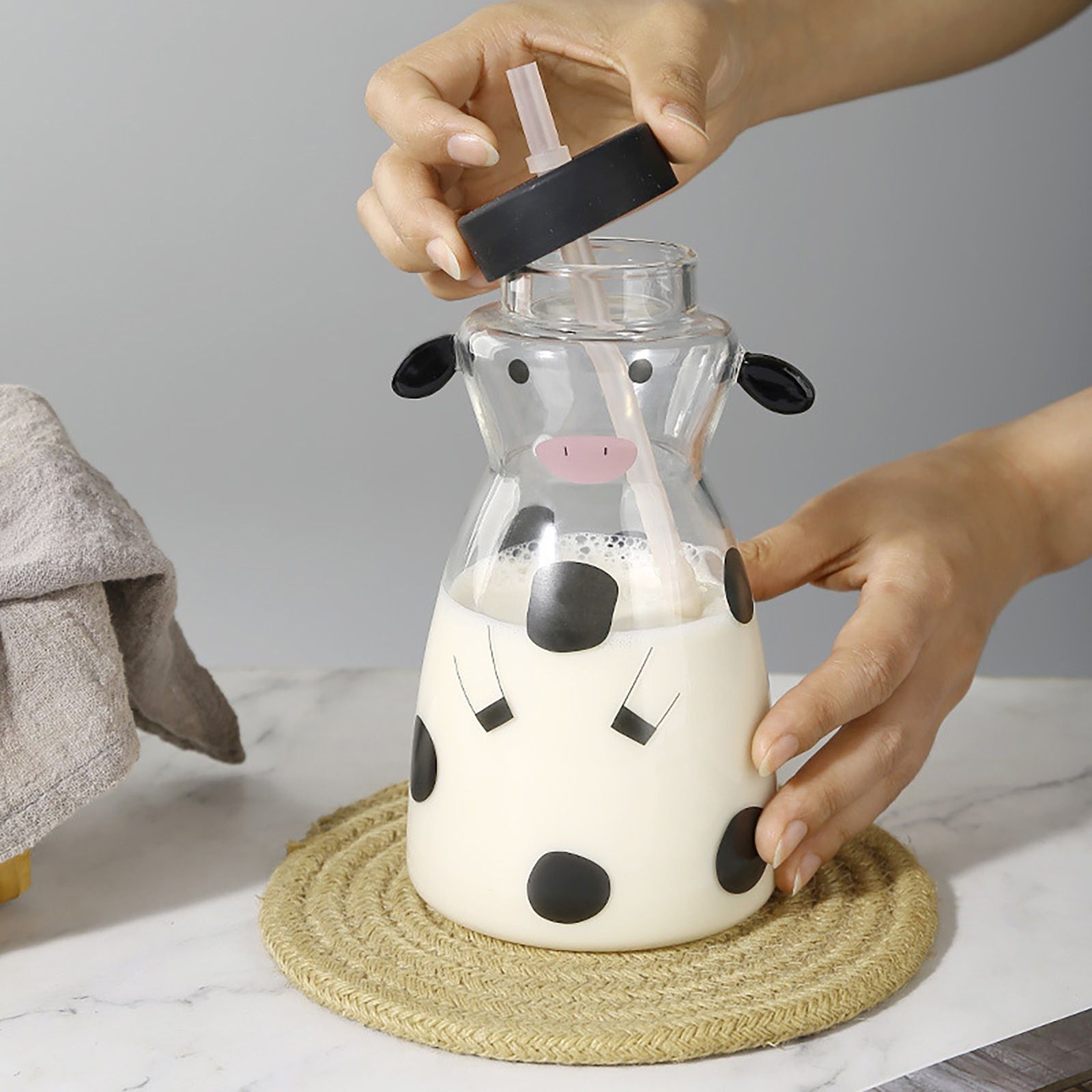 600MLCreative Glass Straw Cup Cow Shape Glass Cup with Straw view 8