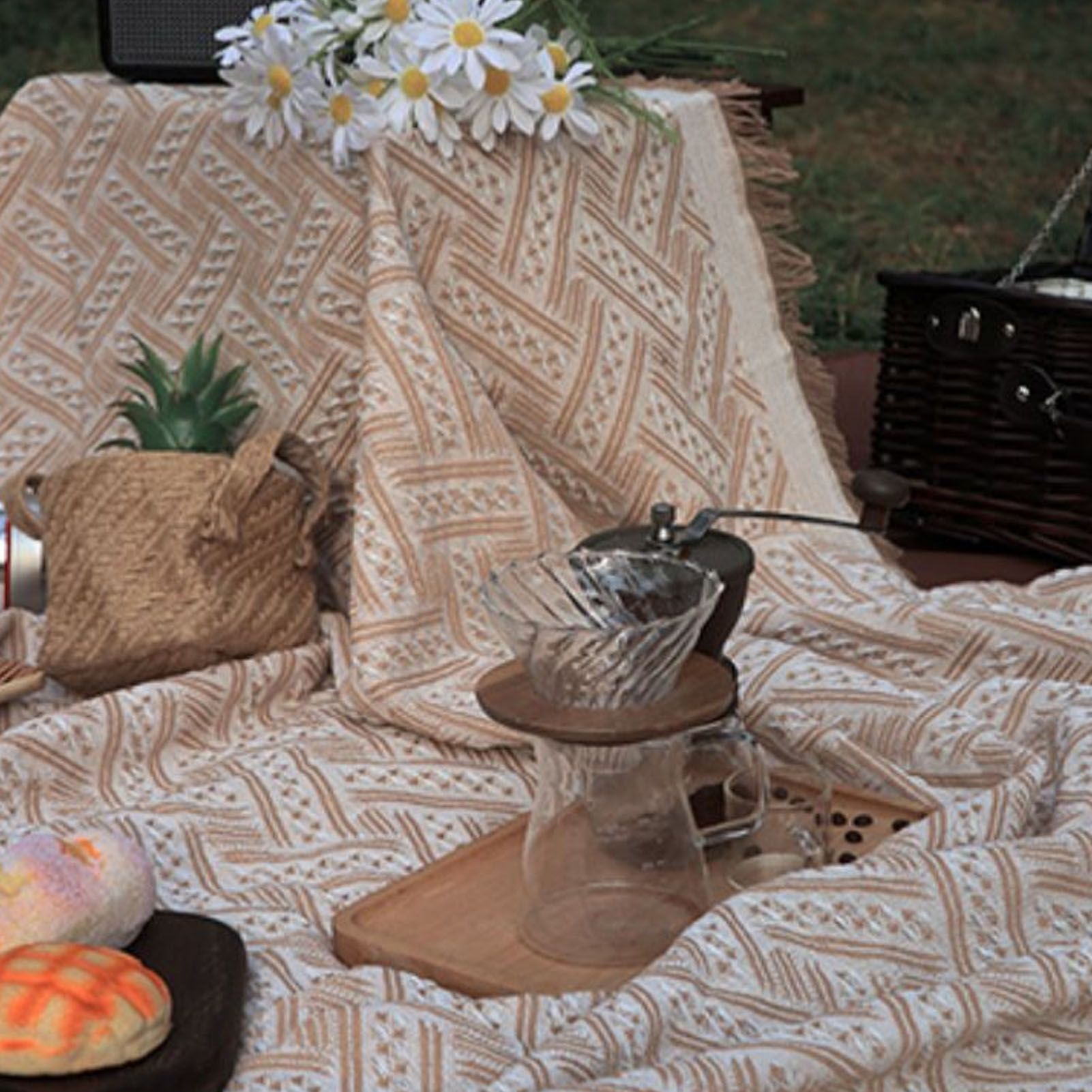 Outdoor Picnic Blanket with Fringe Cotton Soft Comfortable Simple Style for view 5