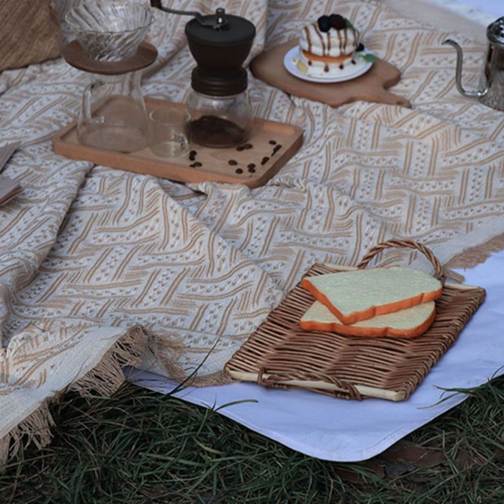 Outdoor Picnic Blanket with Fringe Cotton Soft Comfortable Simple Style for view 11