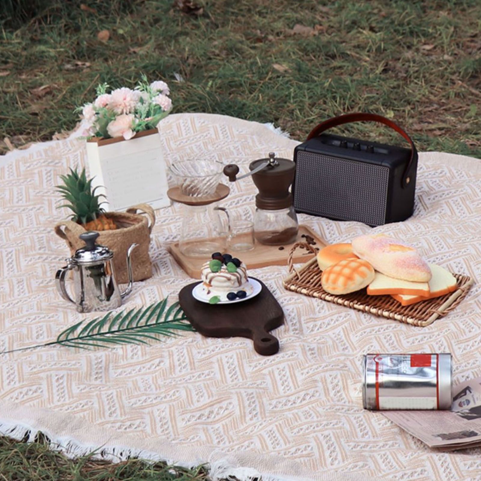 Outdoor Picnic Blanket with Fringe Cotton Soft Comfortable Simple Style for view 14