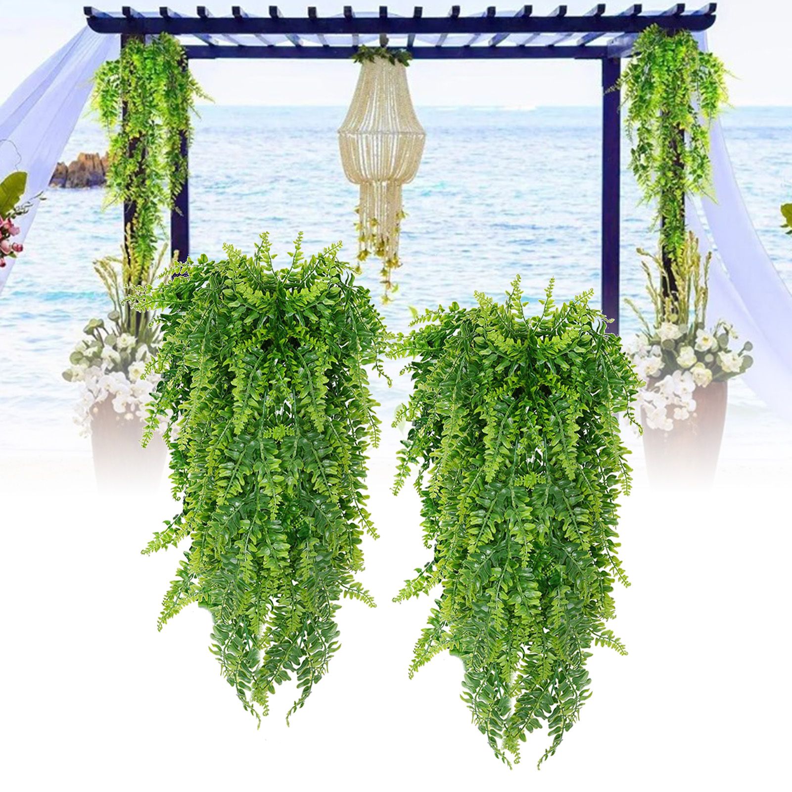 2pcs Artificial Hanging Plants Fern Plastic Green Fake Wall Hanging Ferns view 5