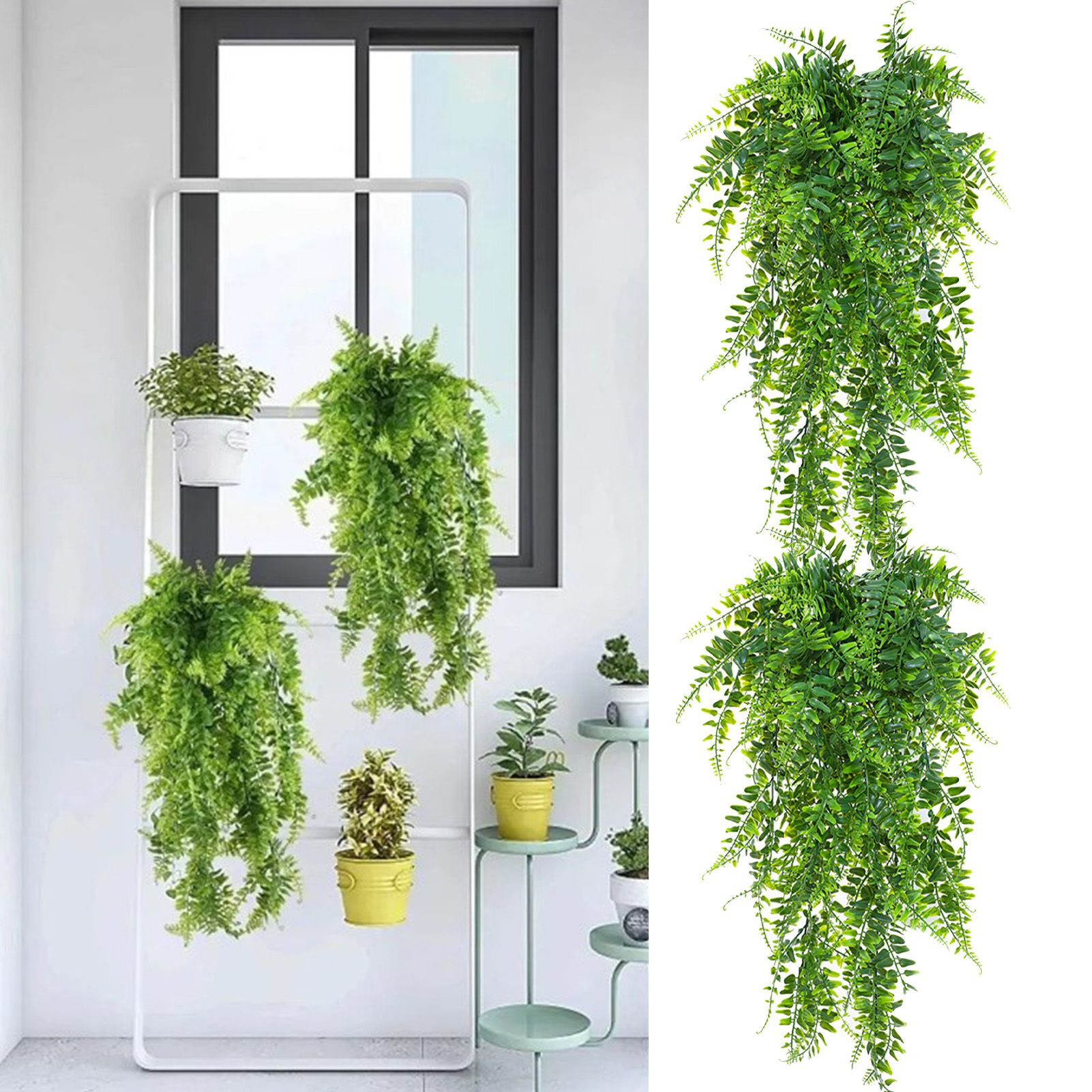 2pcs Artificial Hanging Plants Fern Plastic Green Fake Wall Hanging Ferns view 6
