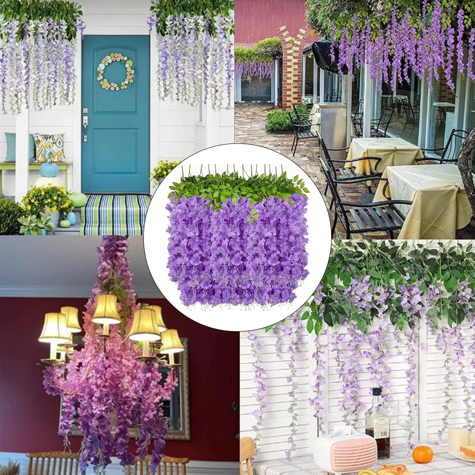 14PCS Ceiling Artificial Wisteria Flower Six Leaf Purple Blue Fake Vines view 5