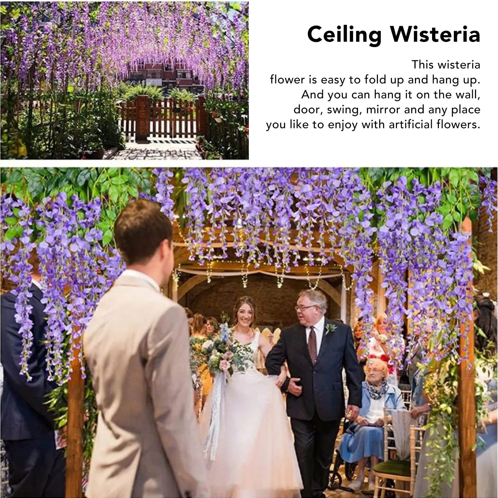 14PCS Ceiling Artificial Wisteria Flower Six Leaf Purple Blue Fake Vines view 11