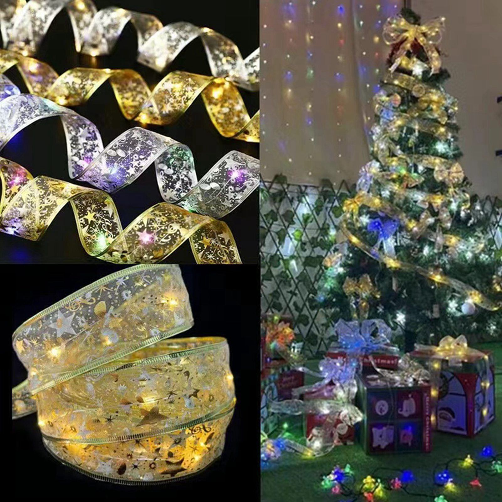 Christmas Ribbon Fairy Lights Gold Ribbon Warm Light 50 LED Christmas Tree view 5