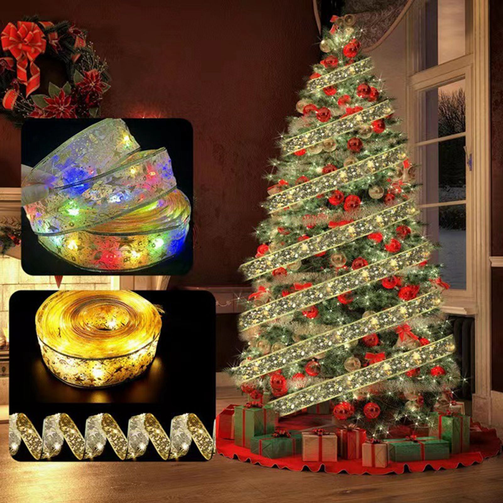 Christmas Ribbon Fairy Lights Gold Ribbon Warm Light 50 LED Christmas Tree view 6