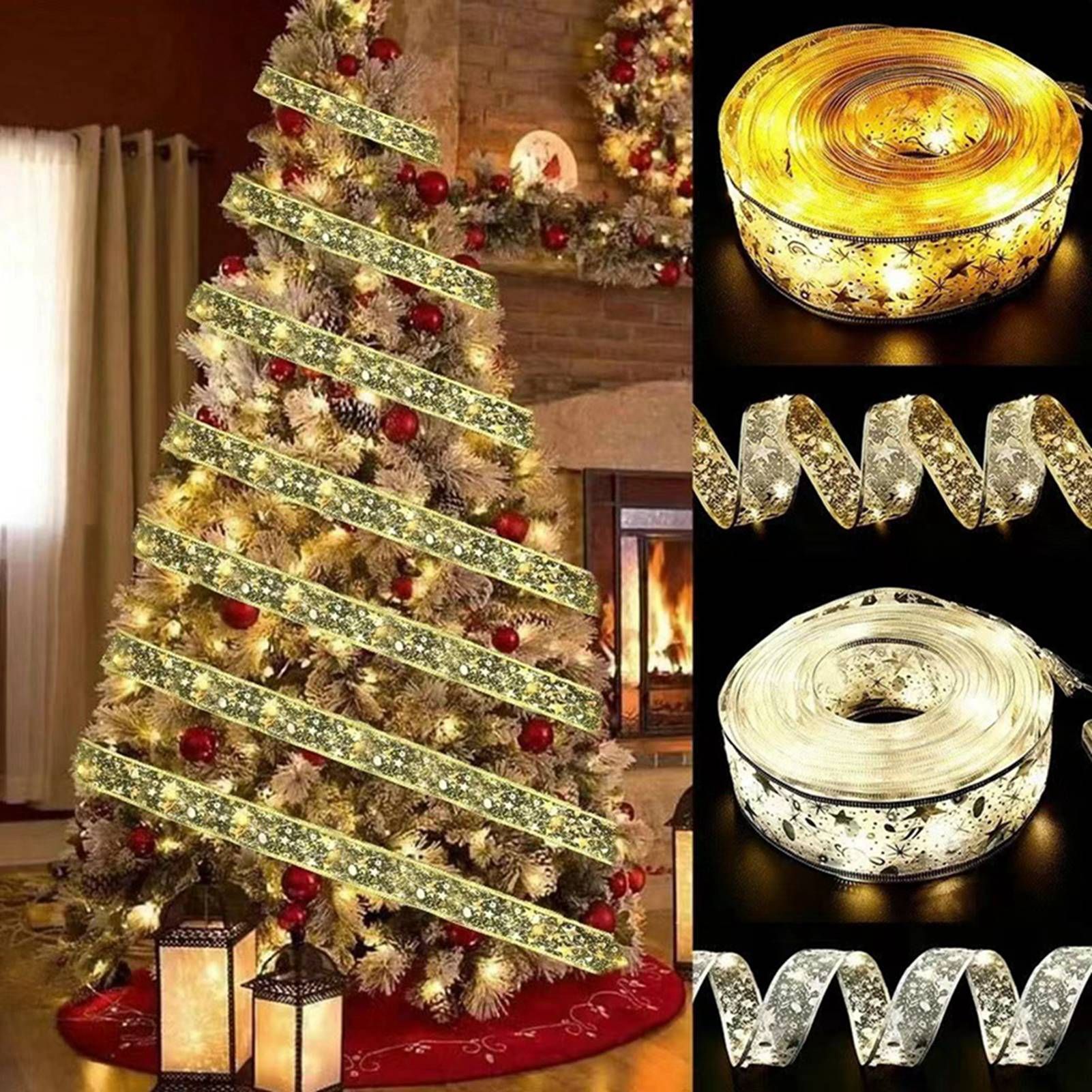Christmas Ribbon Fairy Lights Gold Ribbon Warm Light 50 LED Christmas Tree view 10