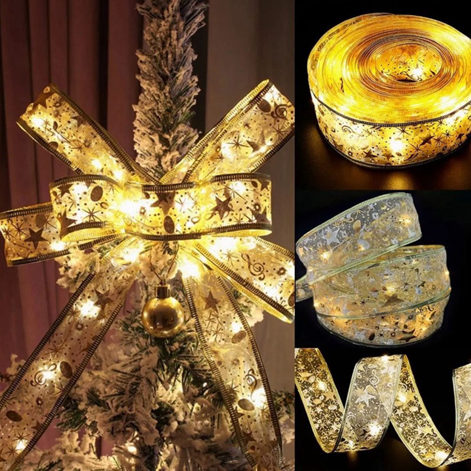 Christmas Ribbon Fairy Lights Gold Ribbon Warm Light 50 LED Christmas Tree view 11