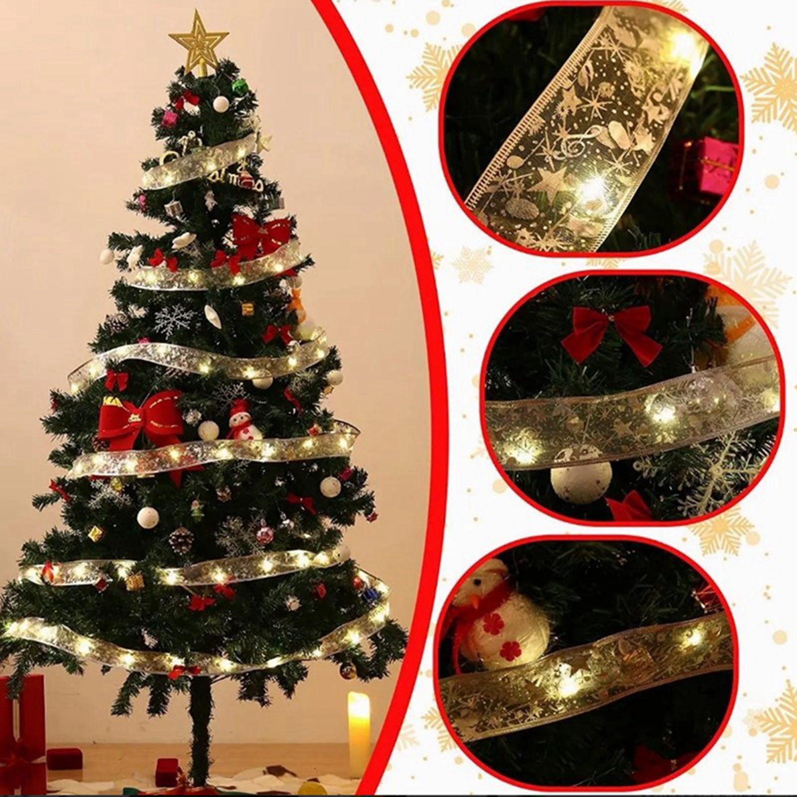 Christmas Ribbon Fairy Lights Gold Ribbon Warm Light 50 LED Christmas Tree view 12