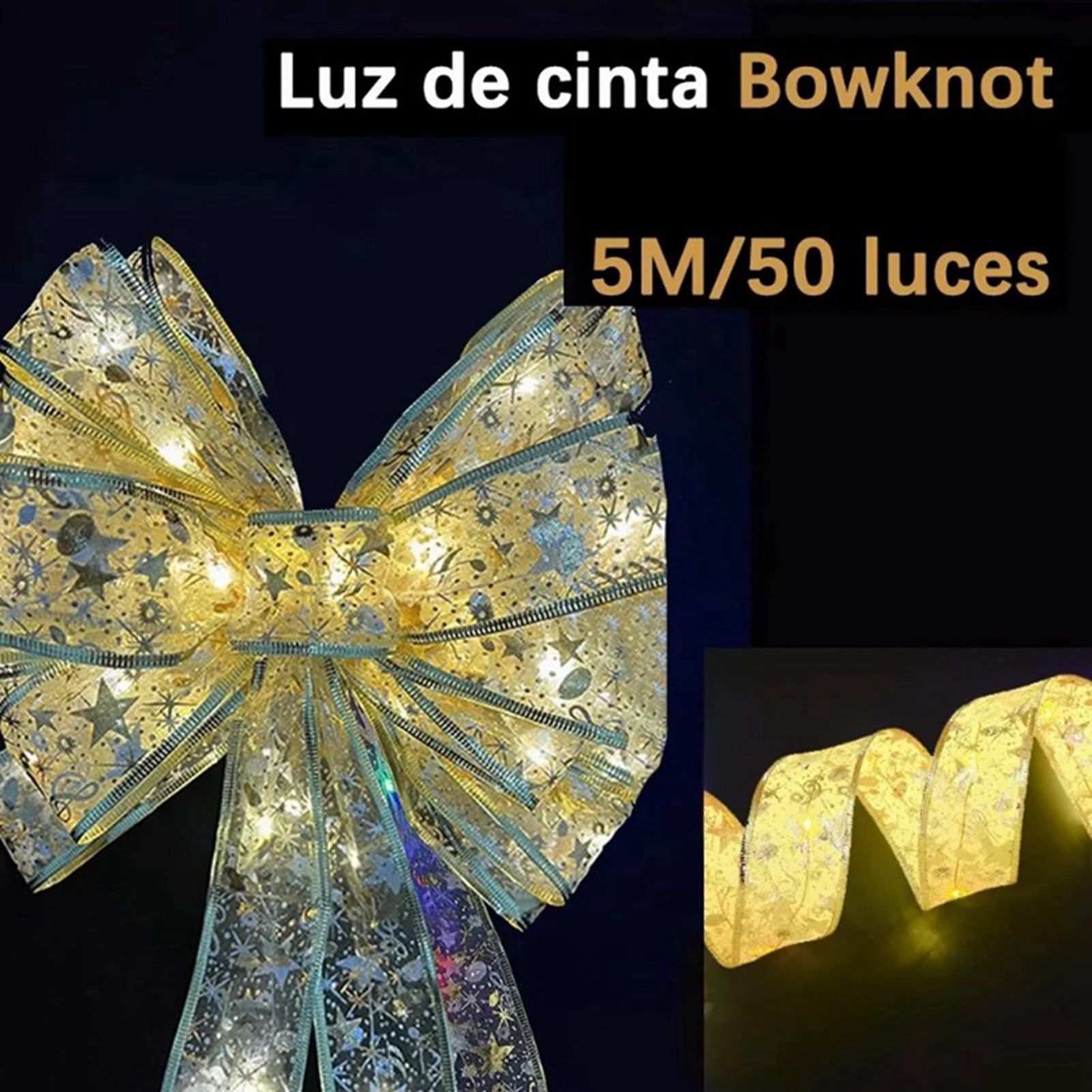 Christmas Ribbon Fairy Lights Gold Ribbon Warm Light 50 LED Christmas Tree view 14