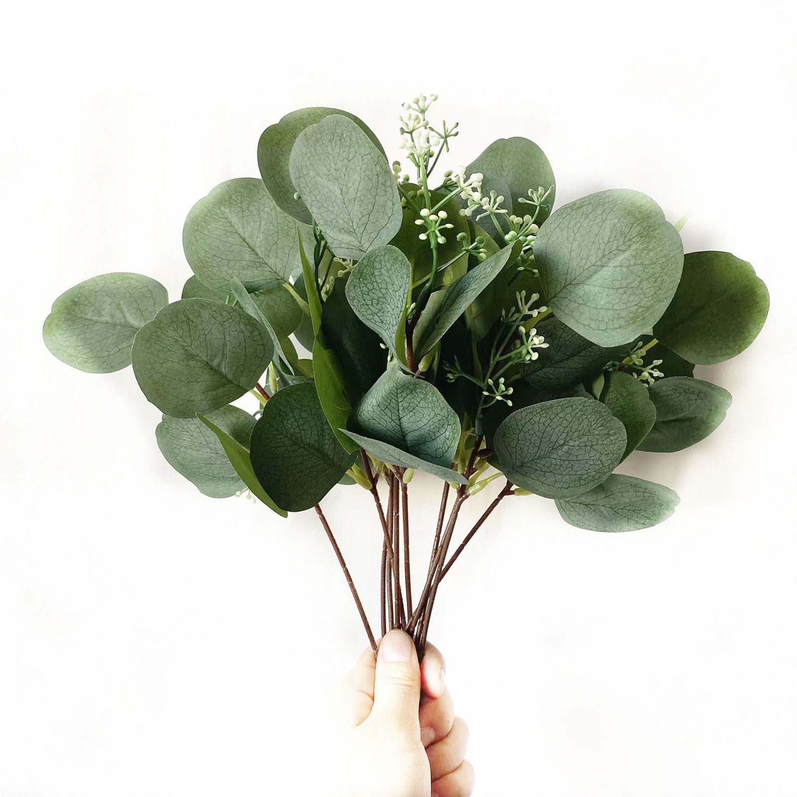 24Pcs Artificial Eucalyptus Stem Branches Round Eucalyptus Leaf with White view 2