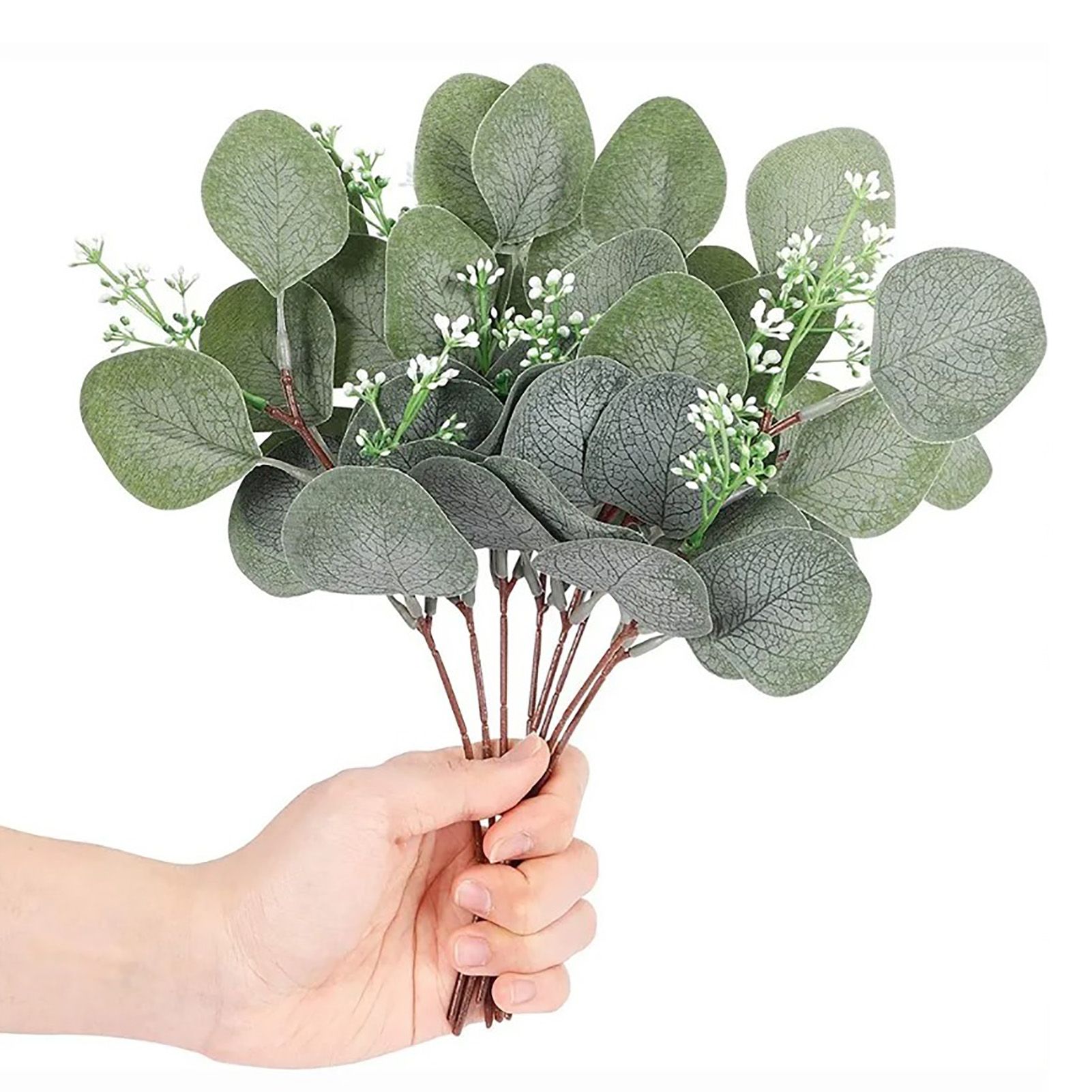 24Pcs Artificial Eucalyptus Stem Branches Round Eucalyptus Leaf with White view 4