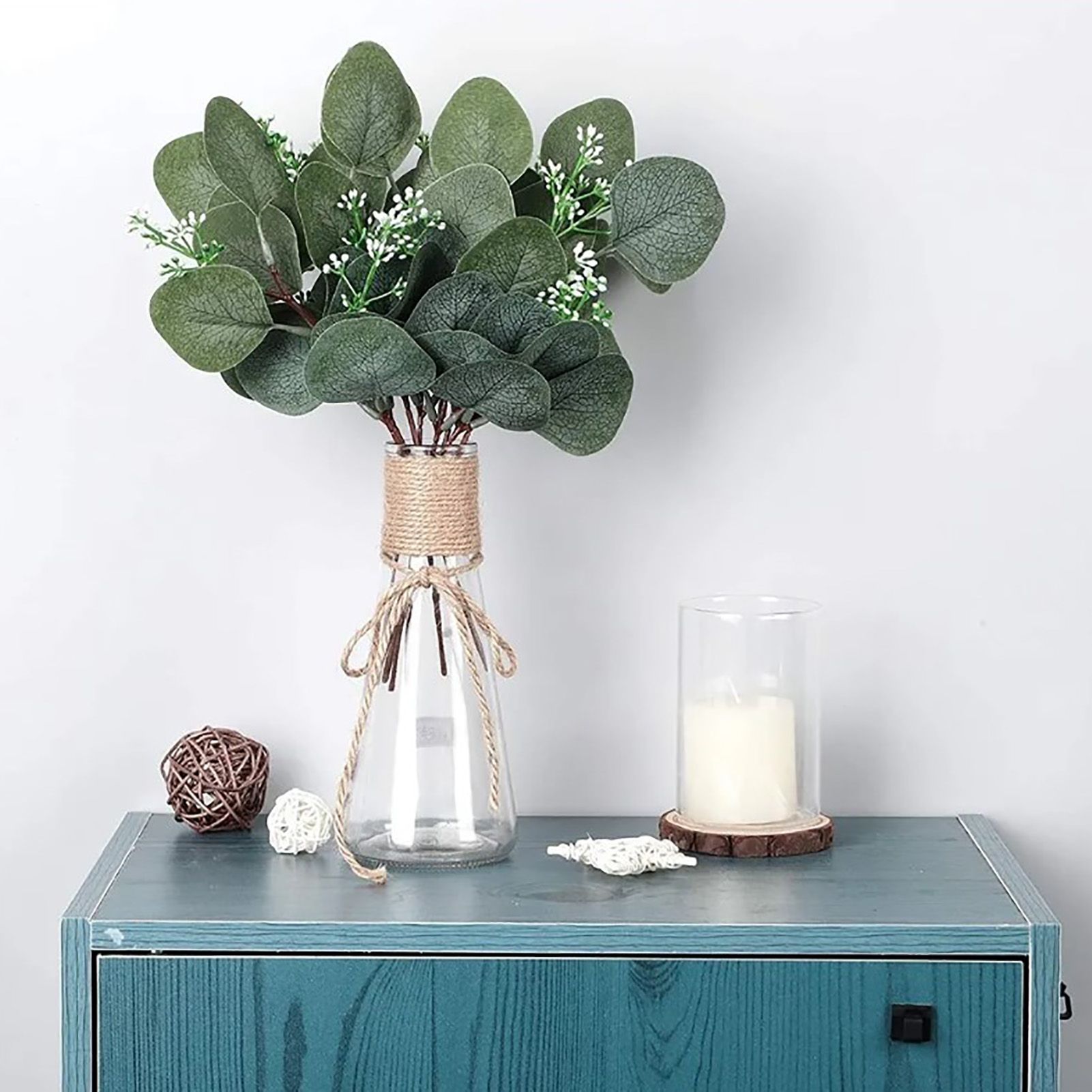 24Pcs Artificial Eucalyptus Stem Branches Round Eucalyptus Leaf with White view 7