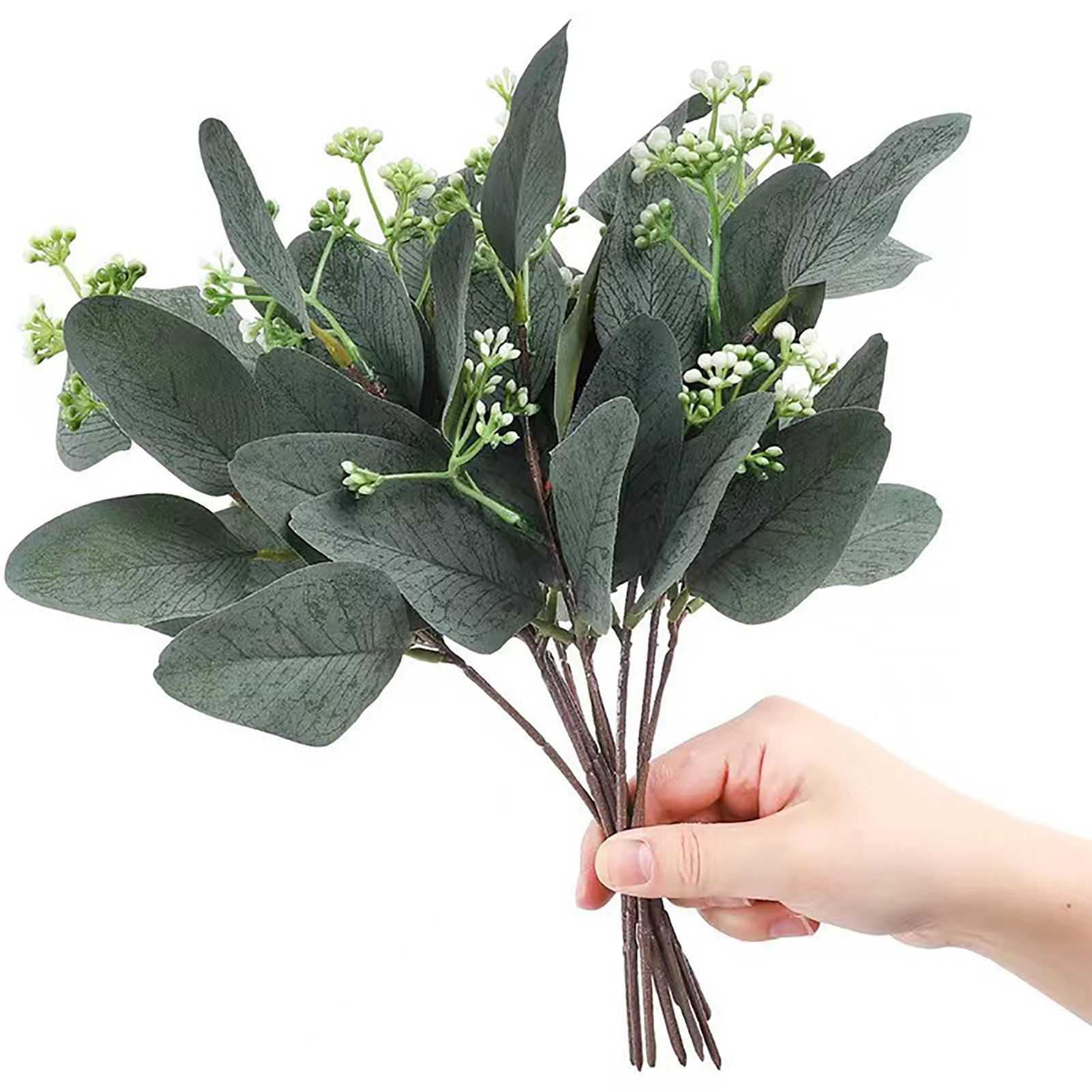 24Pcs Artificial Eucalyptus Stem Branches Round Eucalyptus Leaf with White view 10