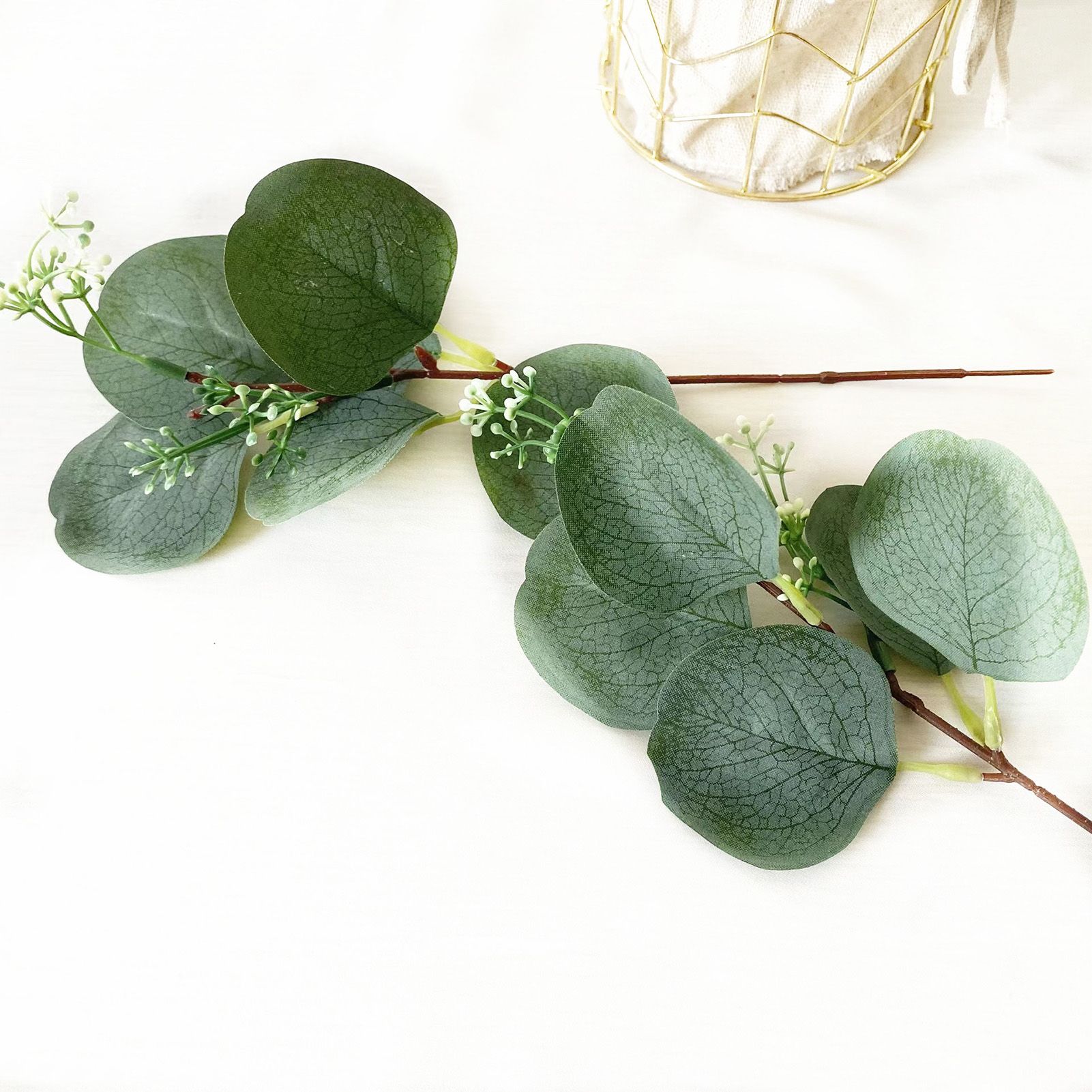 24Pcs Artificial Eucalyptus Stem Branches Round Eucalyptus Leaf with White view 11