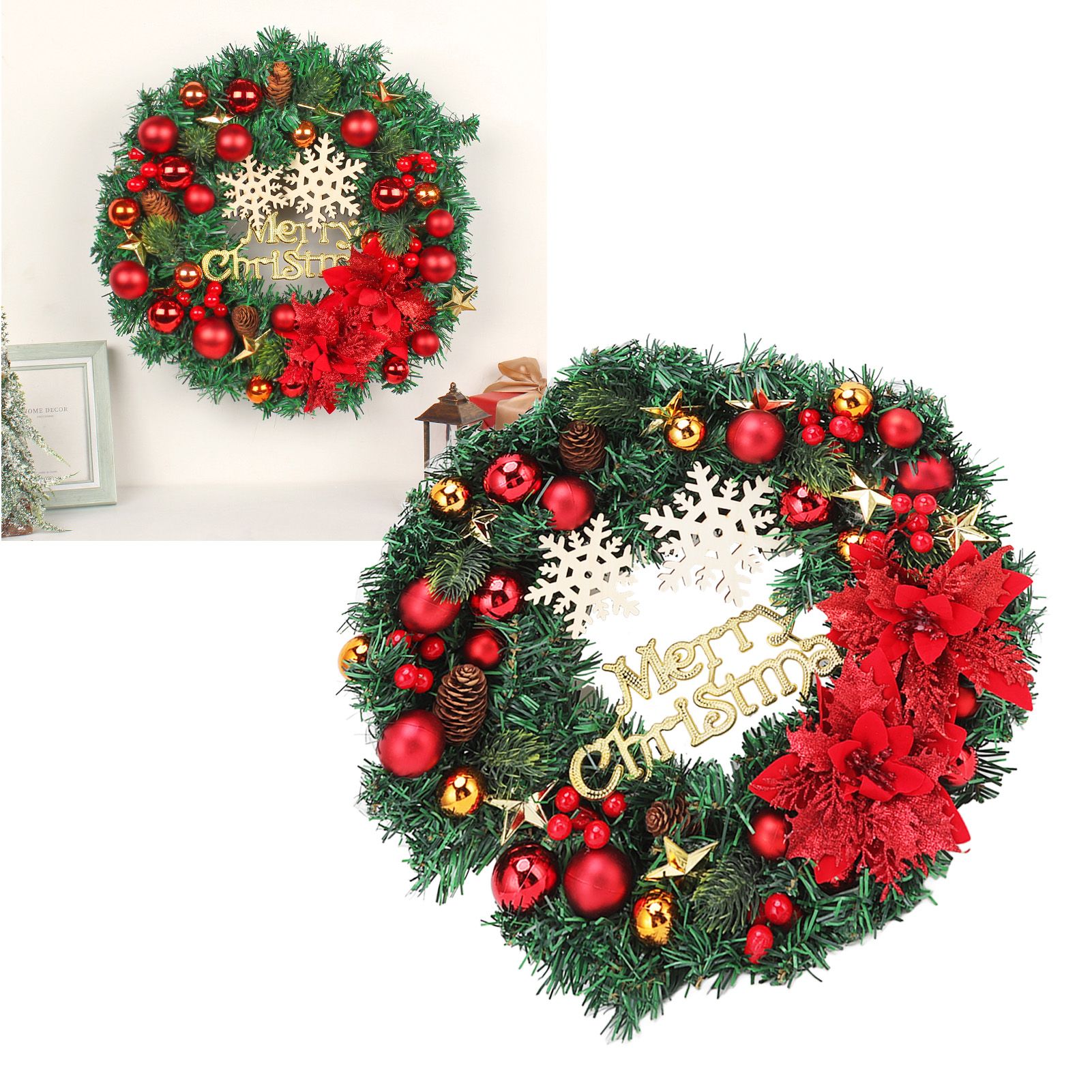 Christmas Wreath Snow Pine Cone Xmas Ball Wreath for Indoor Outdoor Holiday view 11