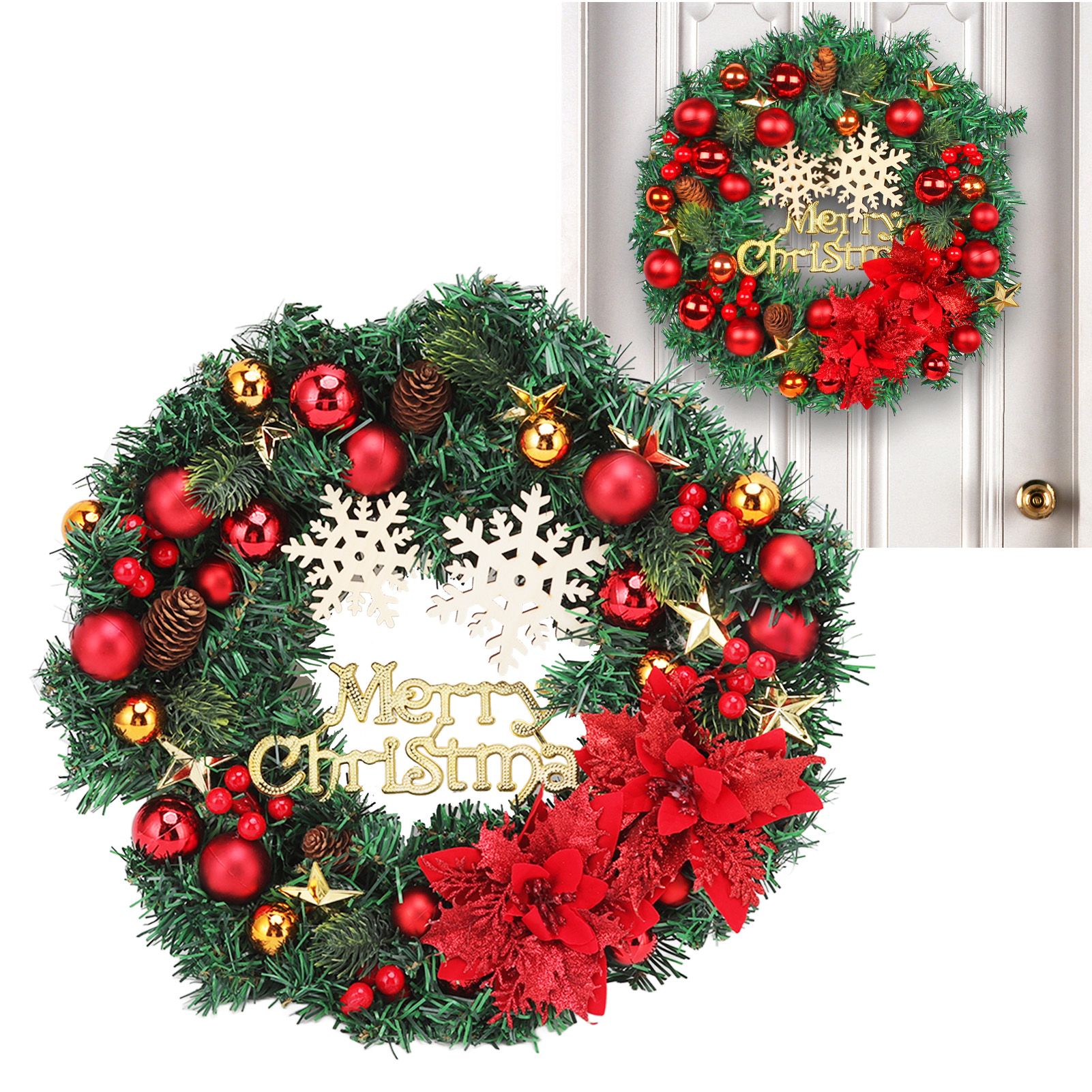 Christmas Wreath Snow Pine Cone Xmas Ball Wreath for Indoor Outdoor Holiday view 12