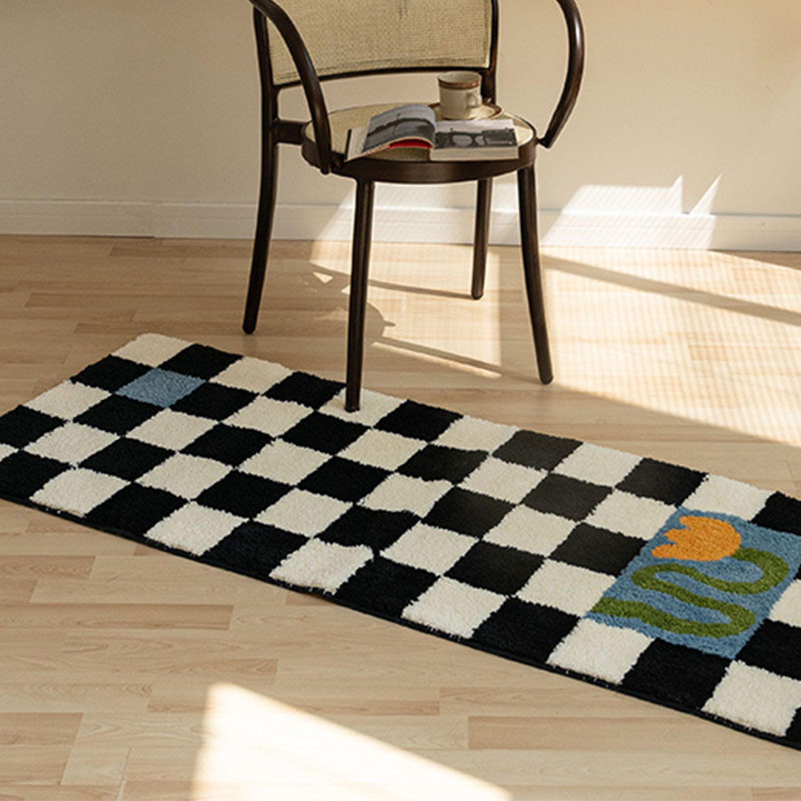 Runner Rug Black White Plaid Pattern Vintage Style Water Absorbent Stain view 6